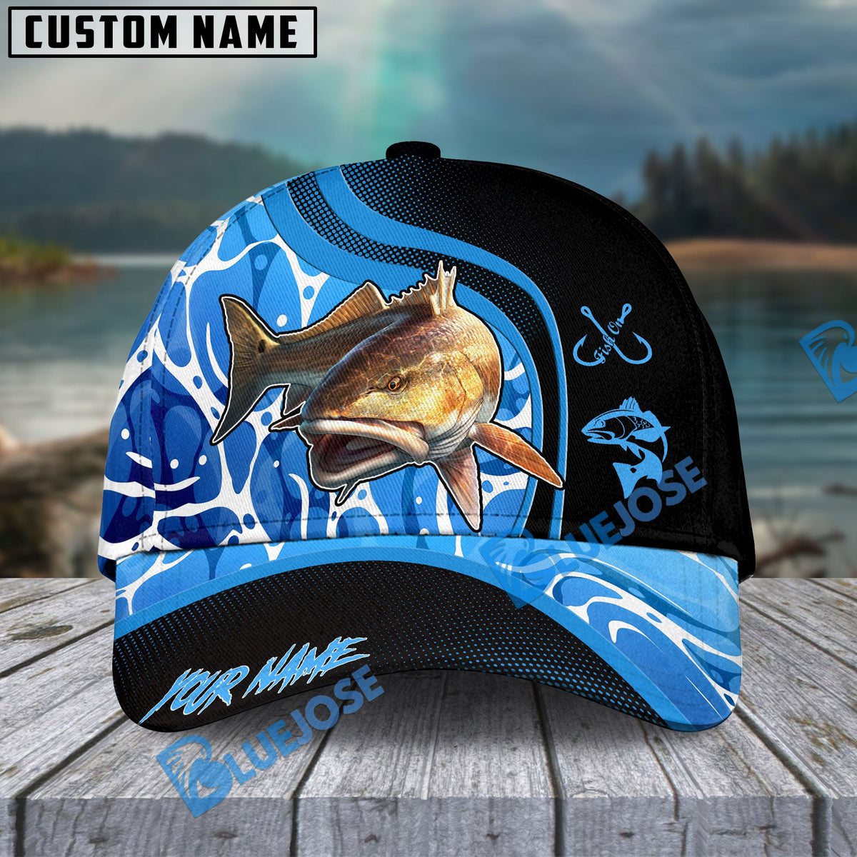 BlueJose Fishing Blue Water Design Personalized Cap (13 Breeds)