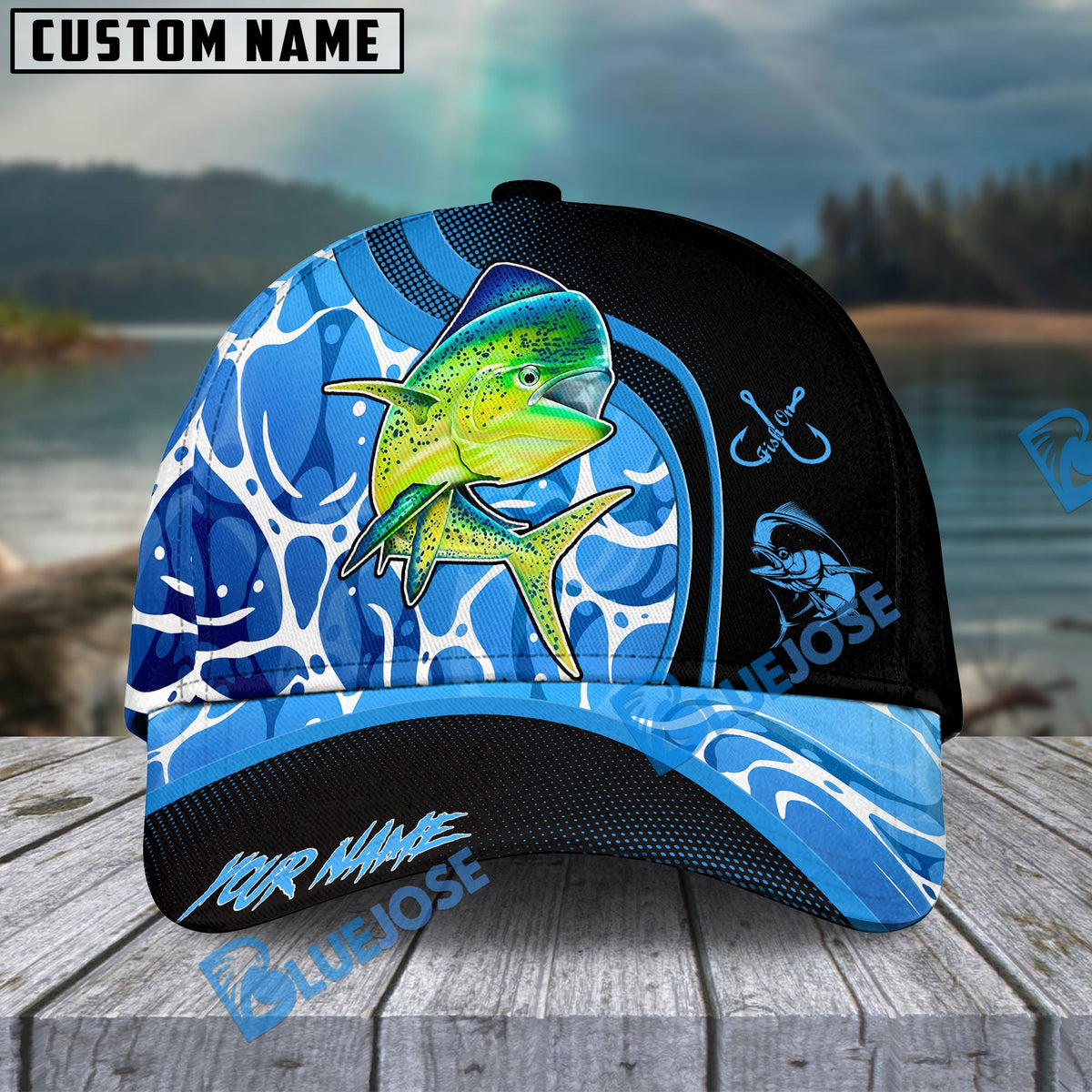 BlueJose Fishing Blue Water Design Personalized Cap (13 Breeds)