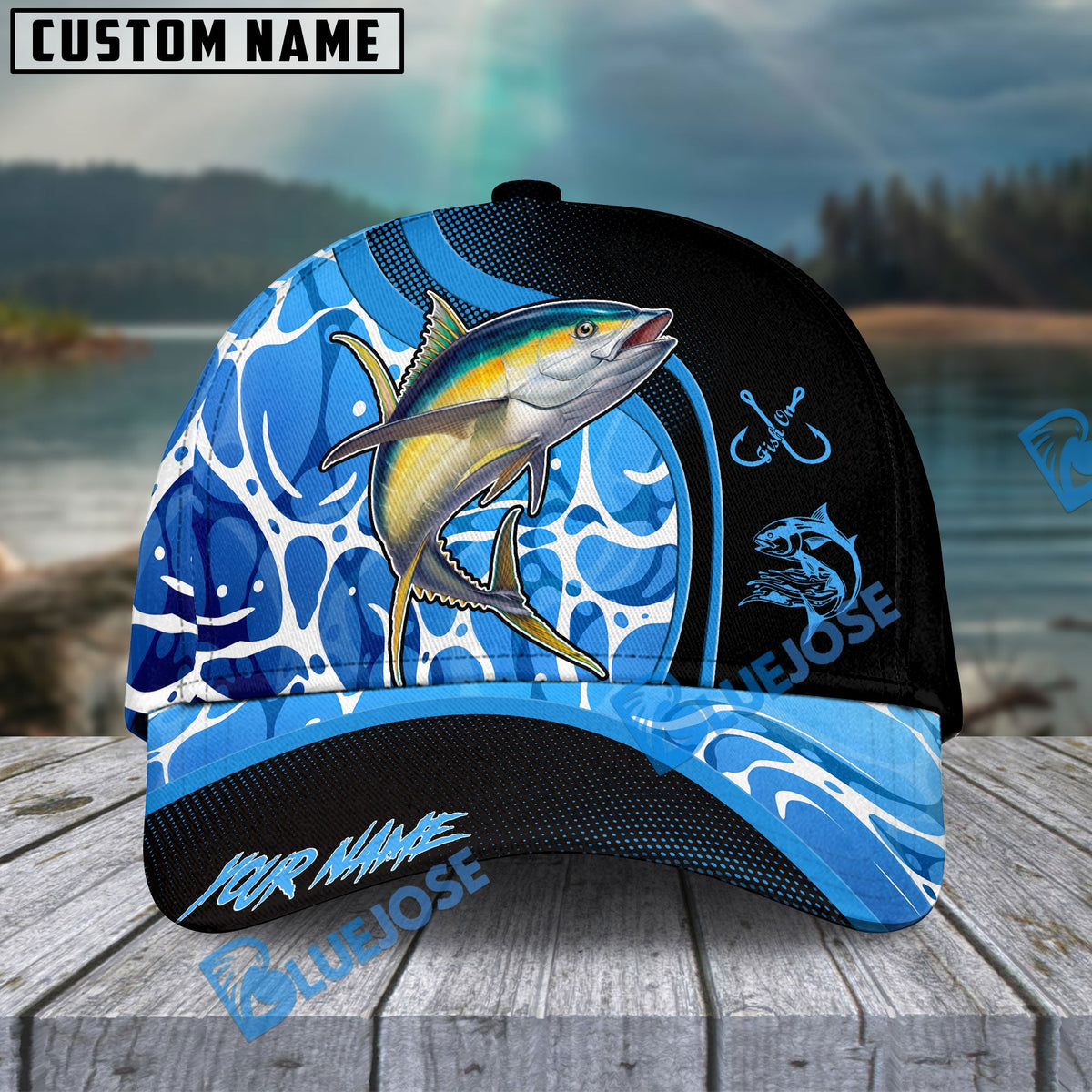 BlueJose Fishing Blue Water Design Personalized Cap (13 Breeds)