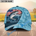 BlueJose Fishing American Flag Light Blue Ocean Design Personalized Cap (13 Breeds)