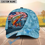BlueJose Fishing American Flag Light Blue Ocean Design Personalized Cap (13 Breeds)