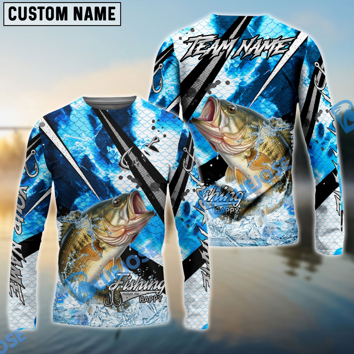 BlueJose Bass Fishing Blue Scale Splash Custom Name & Team Name 3D Shirts
