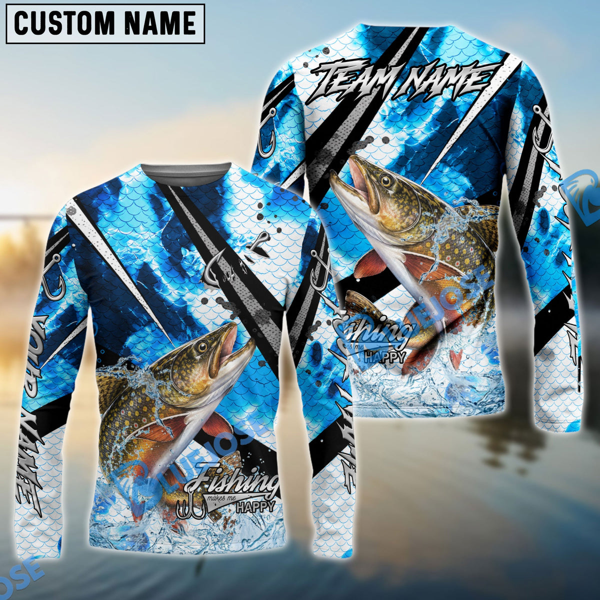 BlueJose Trout Fishing Blue Scale Splash Custom Name & Team Name 3D Shirts