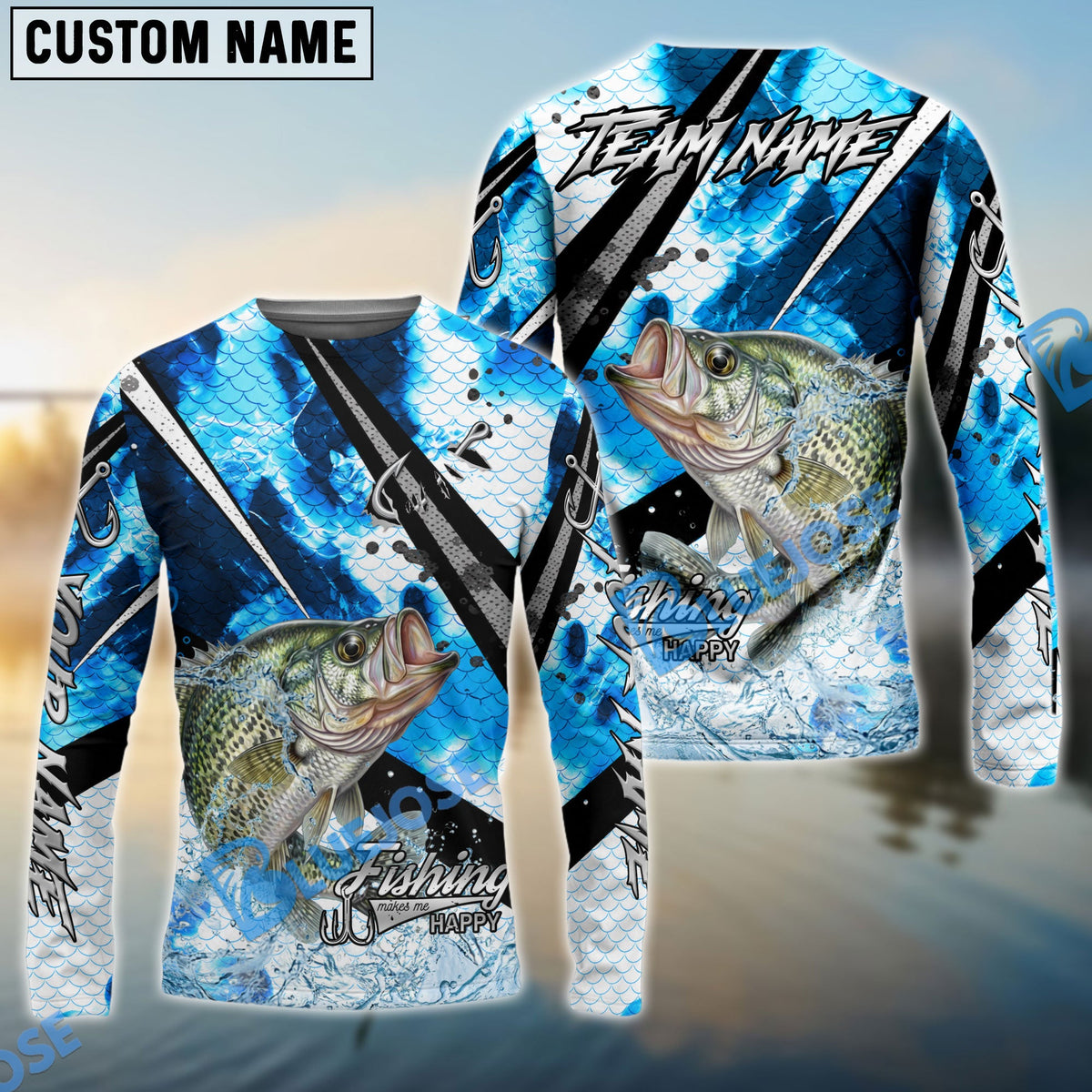 BlueJose Crappie Fishing Blue Scale Splash Custom Name & Team Name 3D Shirts