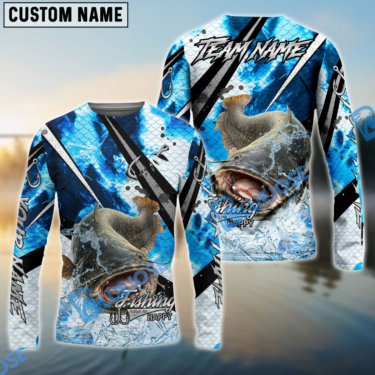 BlueJose Catfish Fishing Blue Scale Splash Custom Name & Team Name 3D Shirts