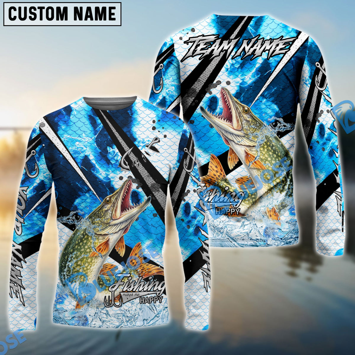 BlueJose Pike Fishing Blue Scale Splash Custom Name & Team Name 3D Shirts