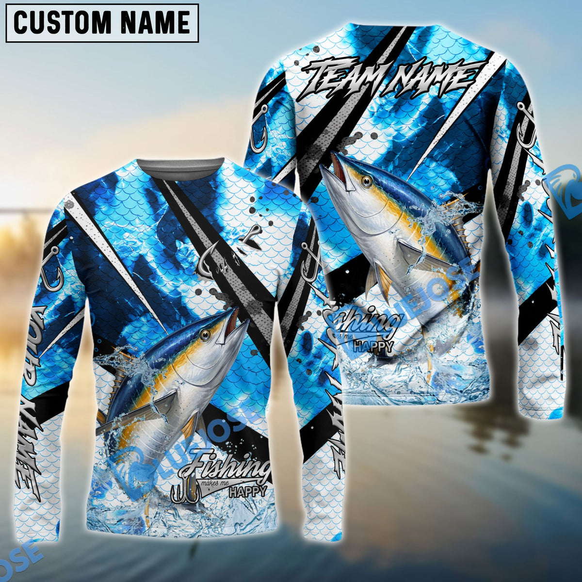 BlueJose Tuna Fishing Blue Scale Splash Custom Name & Team Name 3D Shirts