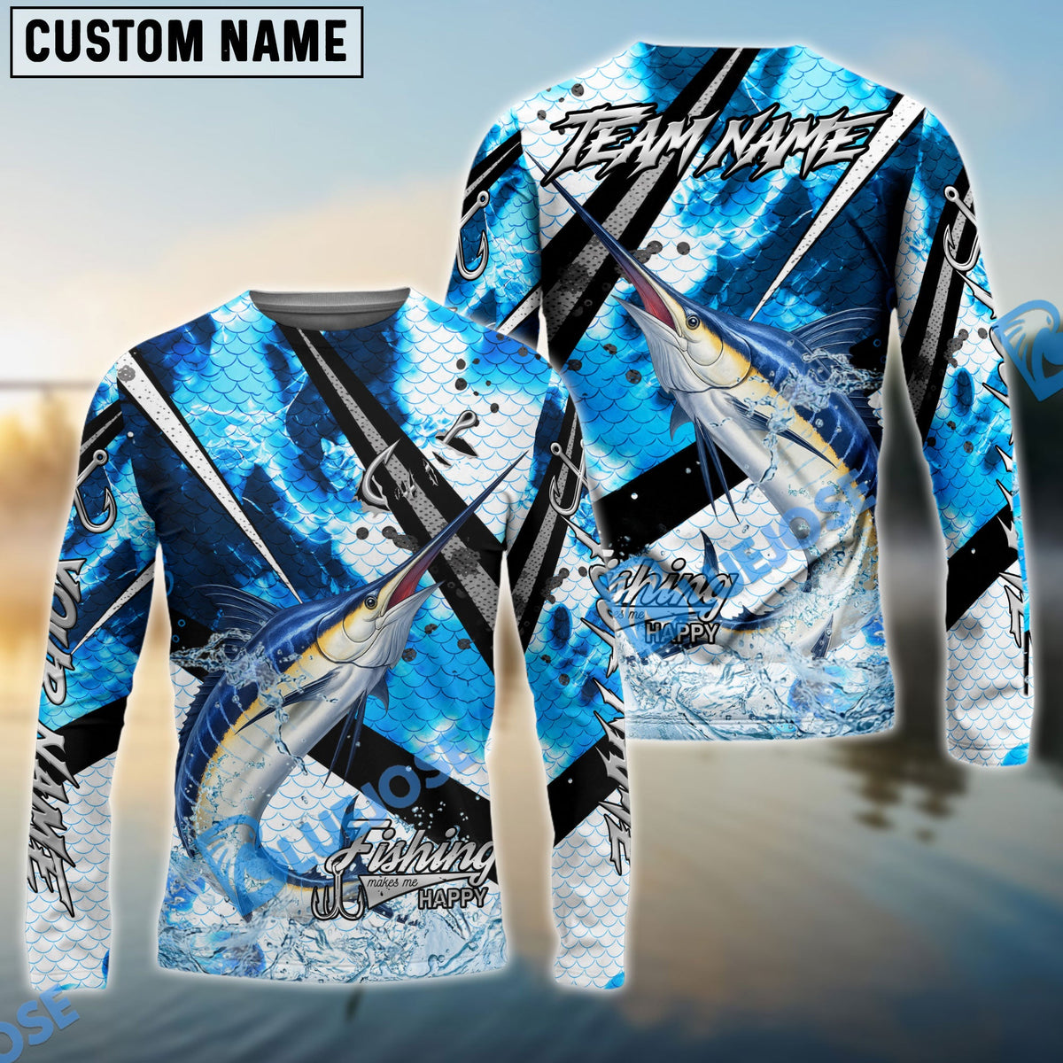 BlueJose Marlin Fishing Blue Scale Splash Custom Name & Team Name 3D Shirts