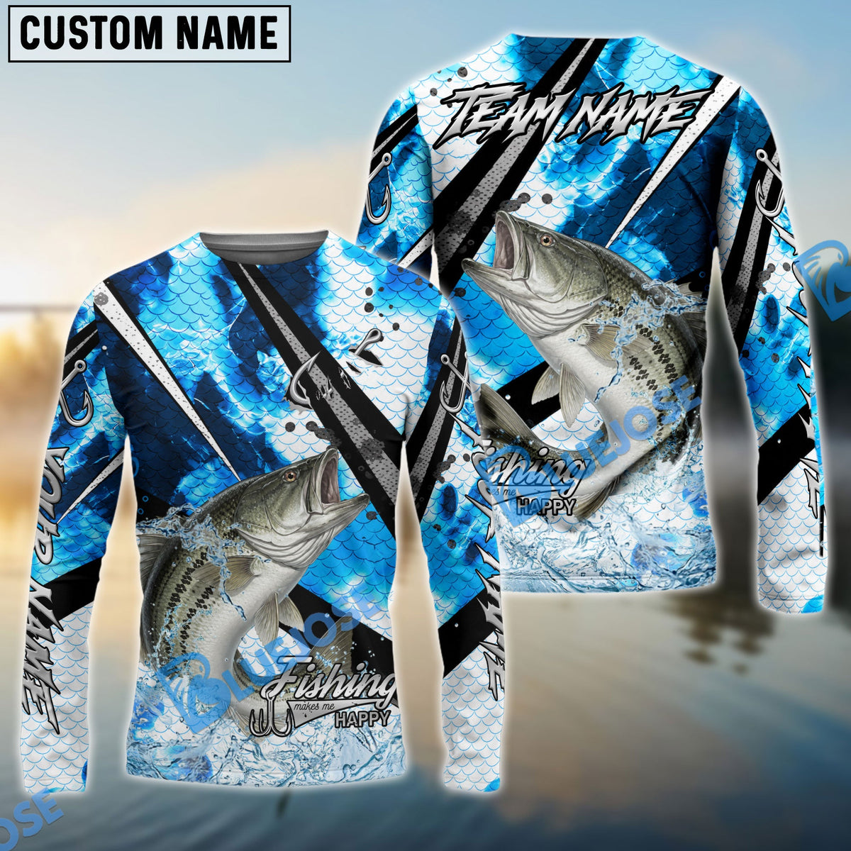 BlueJose Striped Bass Fishing Blue Scale Splash Custom Name & Team Name 3D Shirts