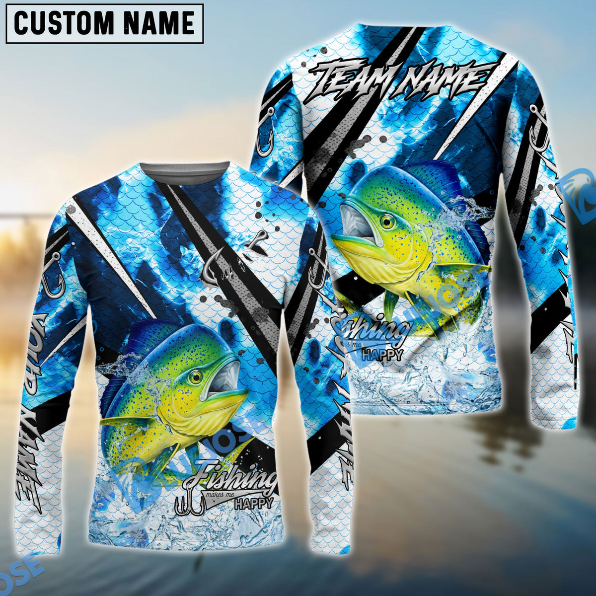 BlueJose Mahi-mahi Fishing Blue Scale Splash Custom Name & Team Name 3D Shirts