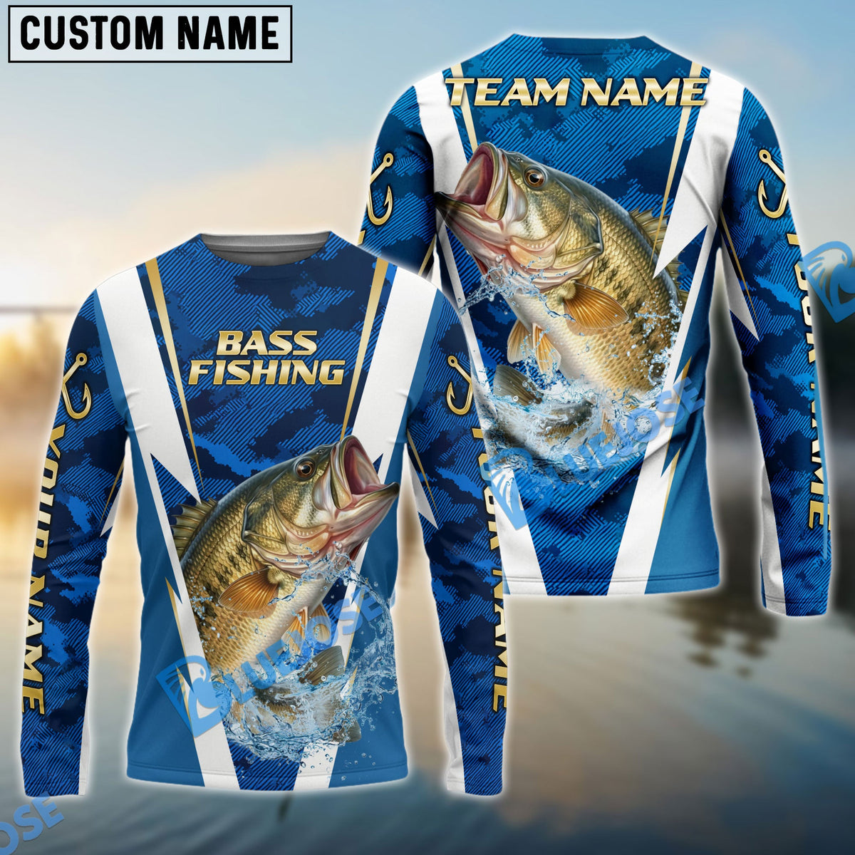 BlueJose Bass Fishing Blue Camo Performance Custom Name & Team Name 3D Shirts