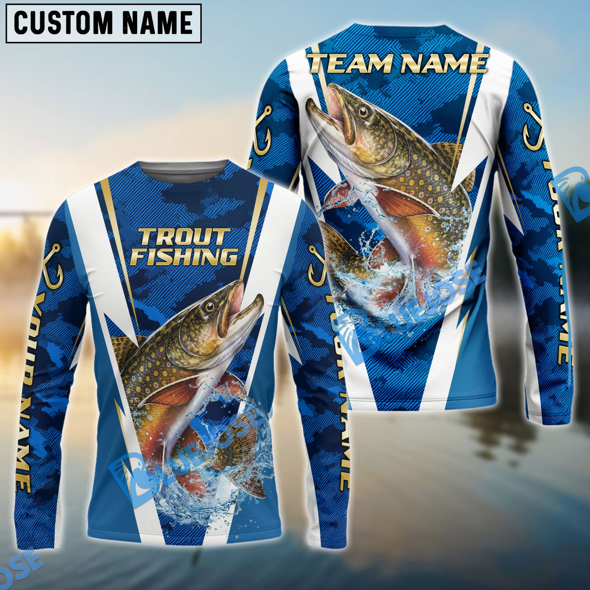BlueJose Trout Fishing Blue Camo Performance Custom Name & Team Name 3D Shirts