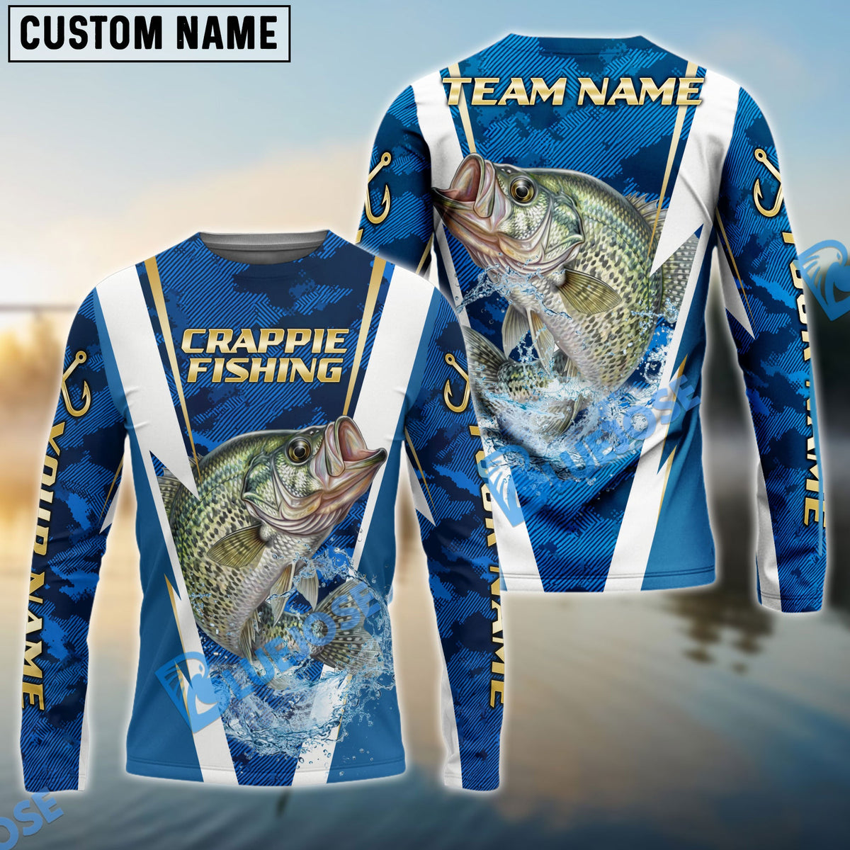 BlueJose Crappie Fishing Blue Camo Performance Custom Name & Team Name 3D Shirts