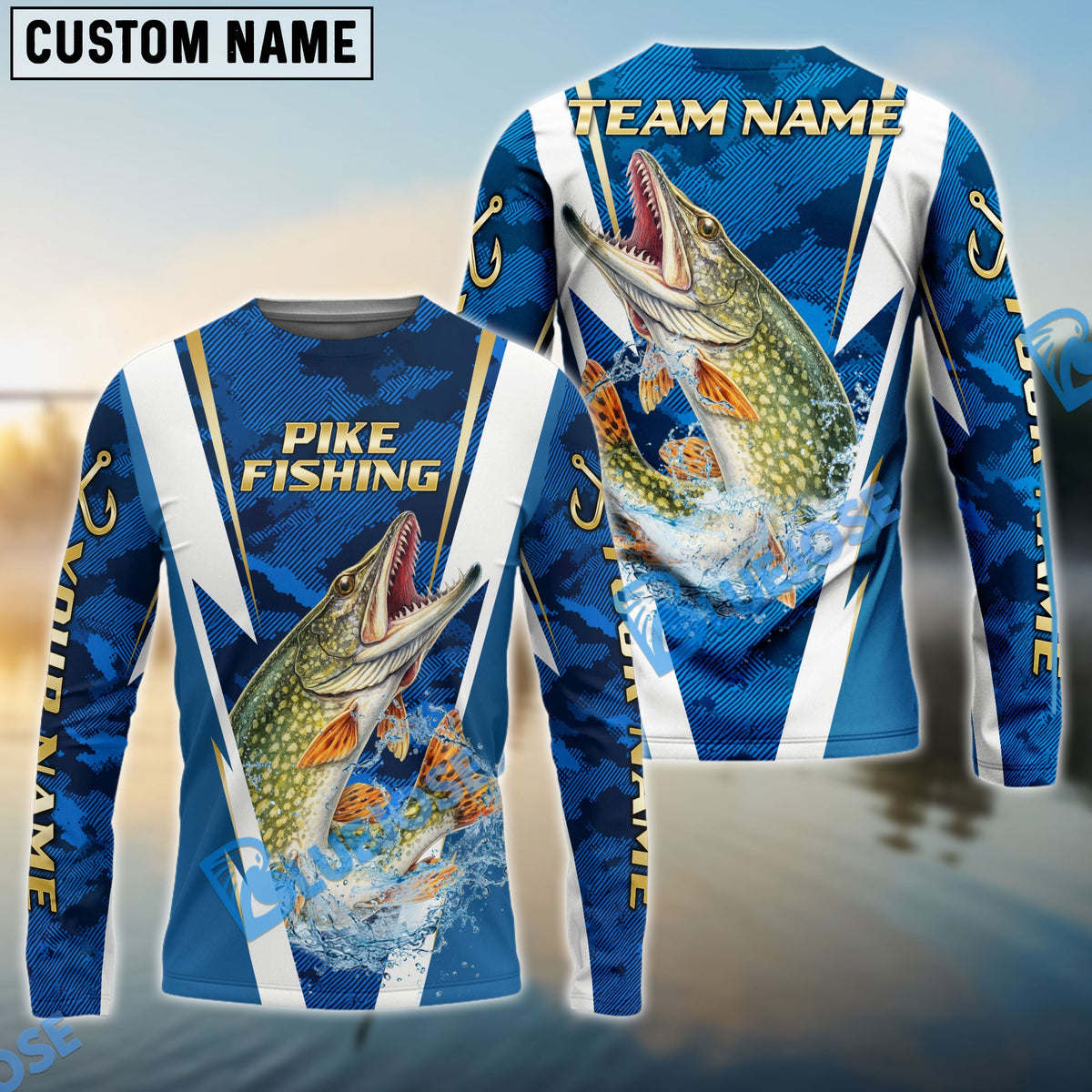 BlueJose Pike Fishing Blue Camo Performance Custom Name & Team Name 3D Shirts