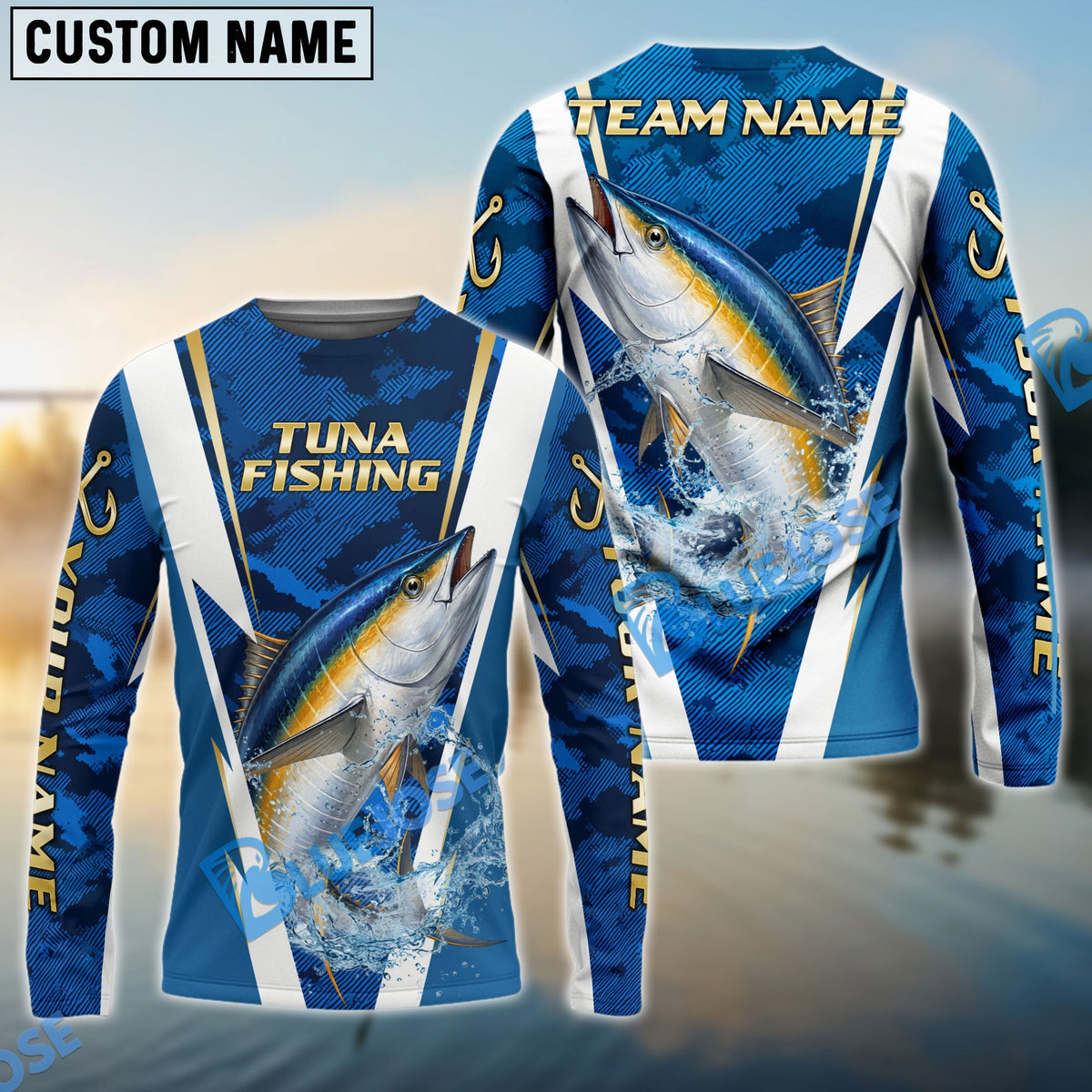 BlueJose Tuna Fishing Blue Camo Performance Custom Name & Team Name 3D Shirts
