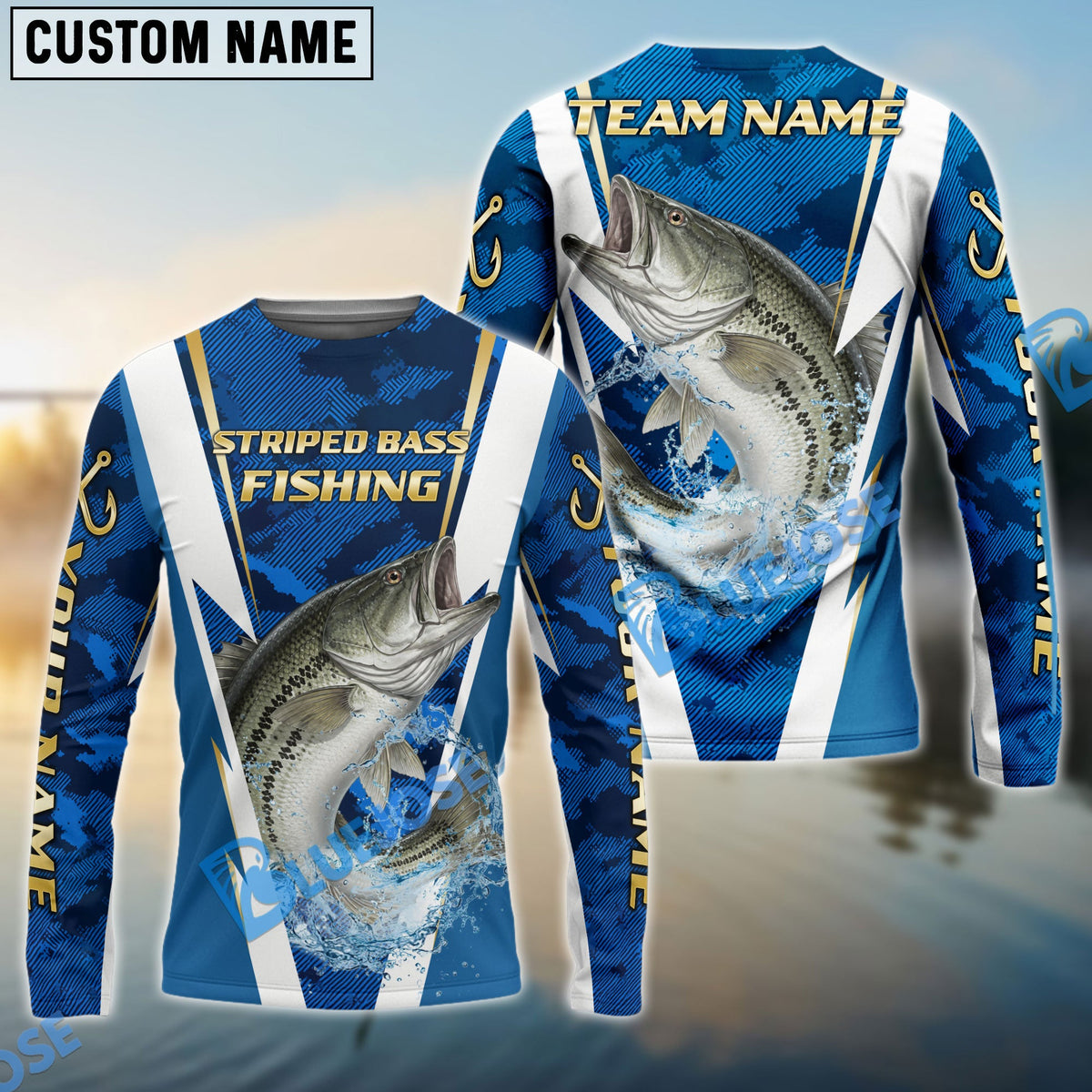 BlueJose Striped Bass Fishing Blue Camo Performance Custom Name & Team Name 3D Shirts