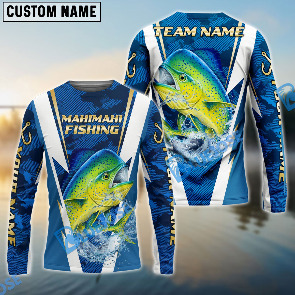 BlueJose Mahi-mahi Fishing Blue Camo Performance Custom Name & Team Name 3D Shirts