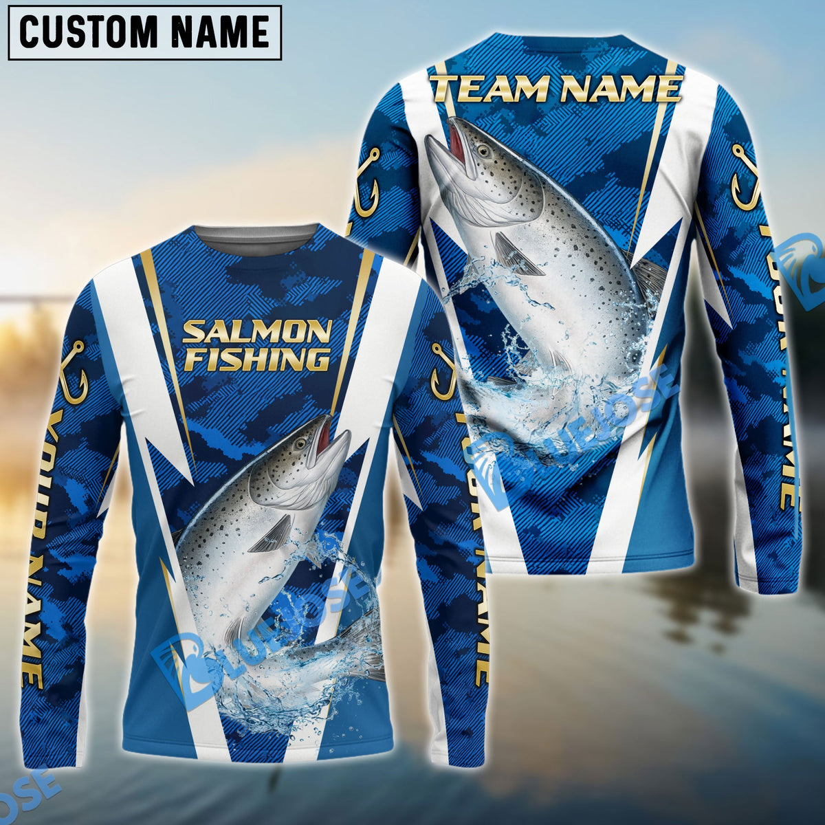 BlueJose Salmon Fishing Blue Camo Performance Custom Name & Team Name 3D Shirts
