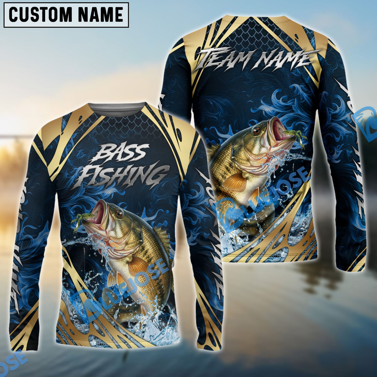 BlueJose Bass Fishing Blue Wave Gold Pattern Design Custom Name & Team Name 3D Shirts