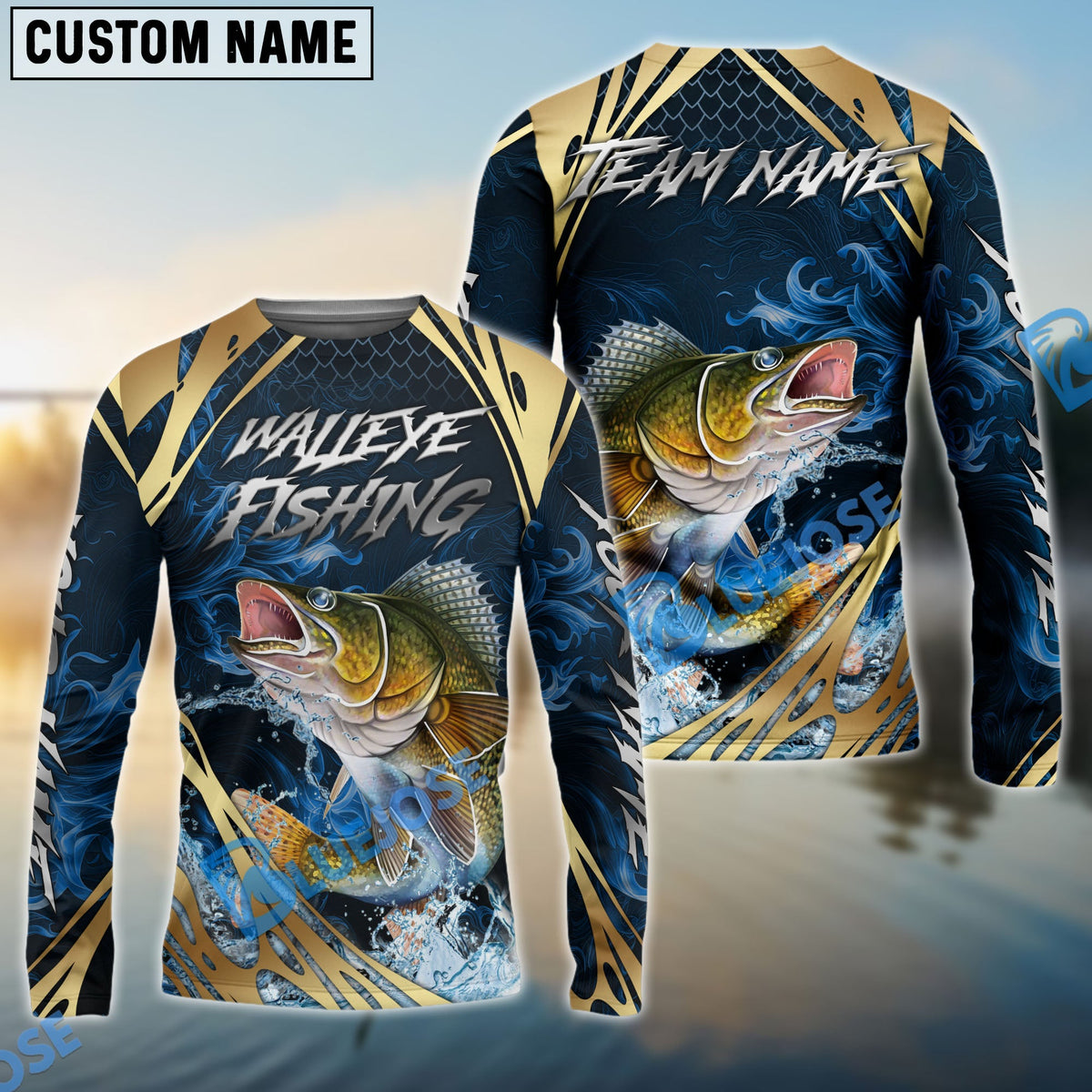 BlueJose Walleye Fishing Blue Wave Gold Pattern Design Custom Name & Team Name 3D Shirts