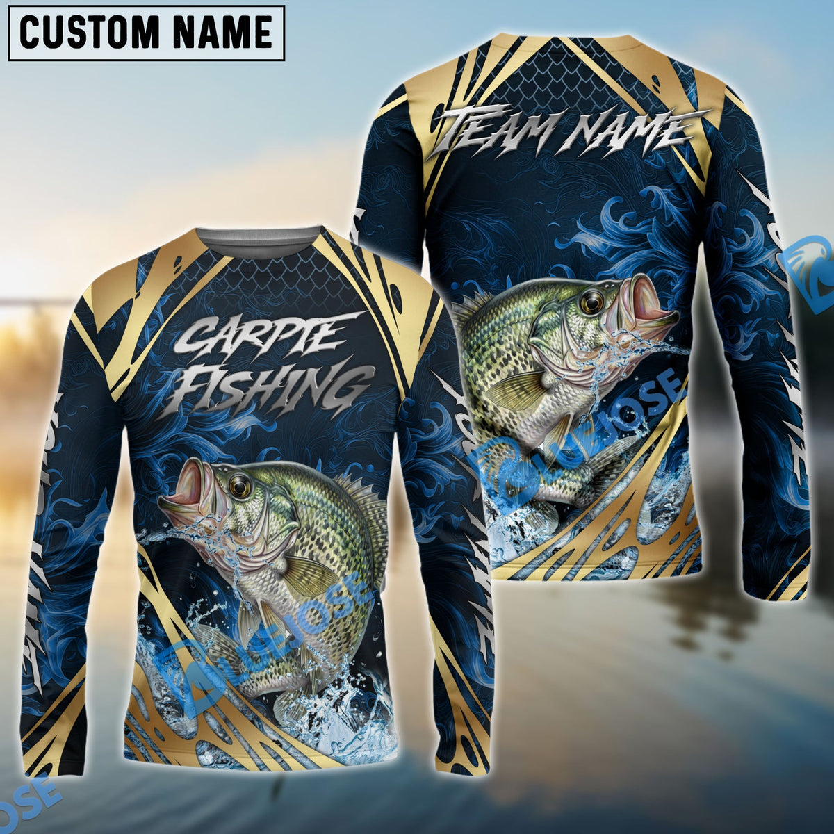 BlueJose Crappie Fishing Blue Wave Gold Pattern Design Custom Name & Team Name 3D Shirts