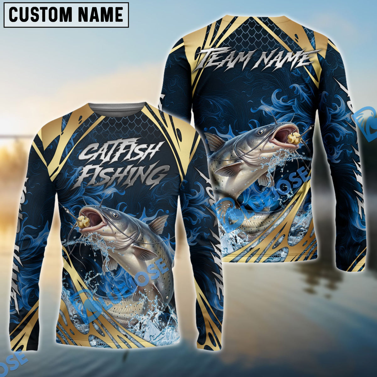 BlueJose Catfish Fishing Blue Wave Gold Pattern Design Custom Name & Team Name 3D Shirts