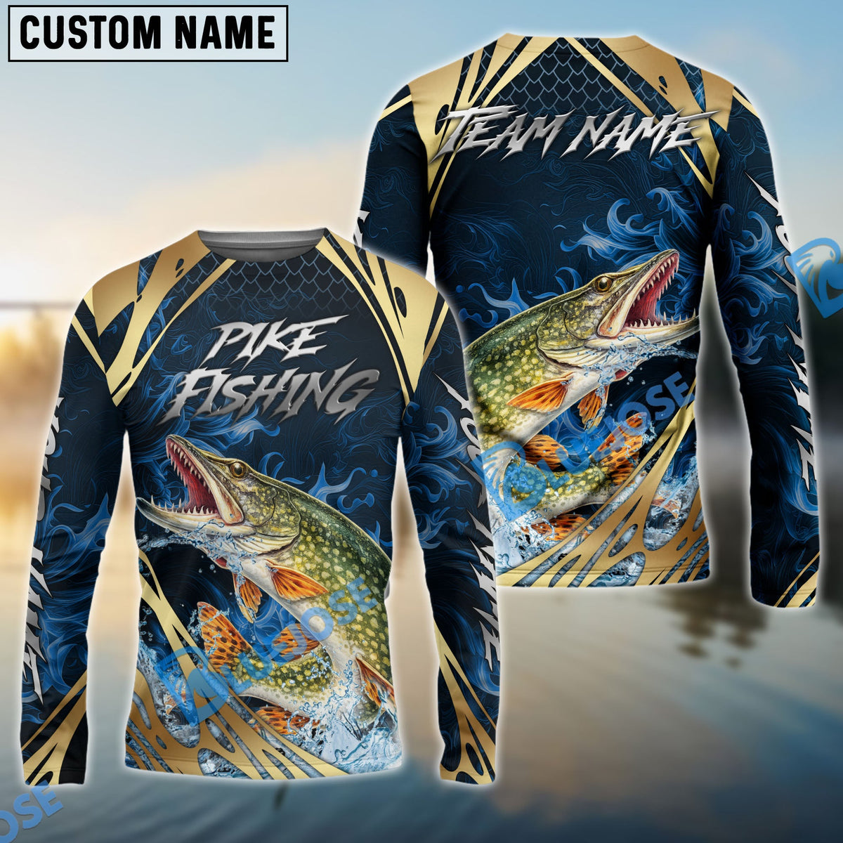 BlueJose Pike Fishing Blue Wave Gold Pattern Design Custom Name & Team Name 3D Shirts