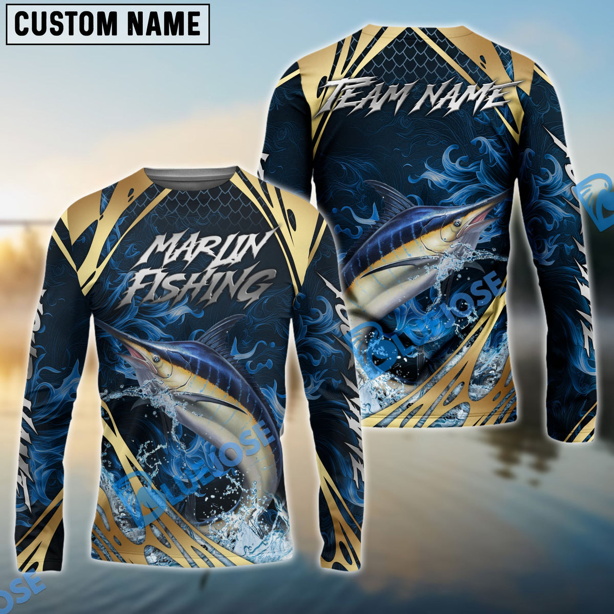 BlueJose Marlin Fishing Blue Wave Gold Pattern Design Custom Name & Team Name 3D Shirts
