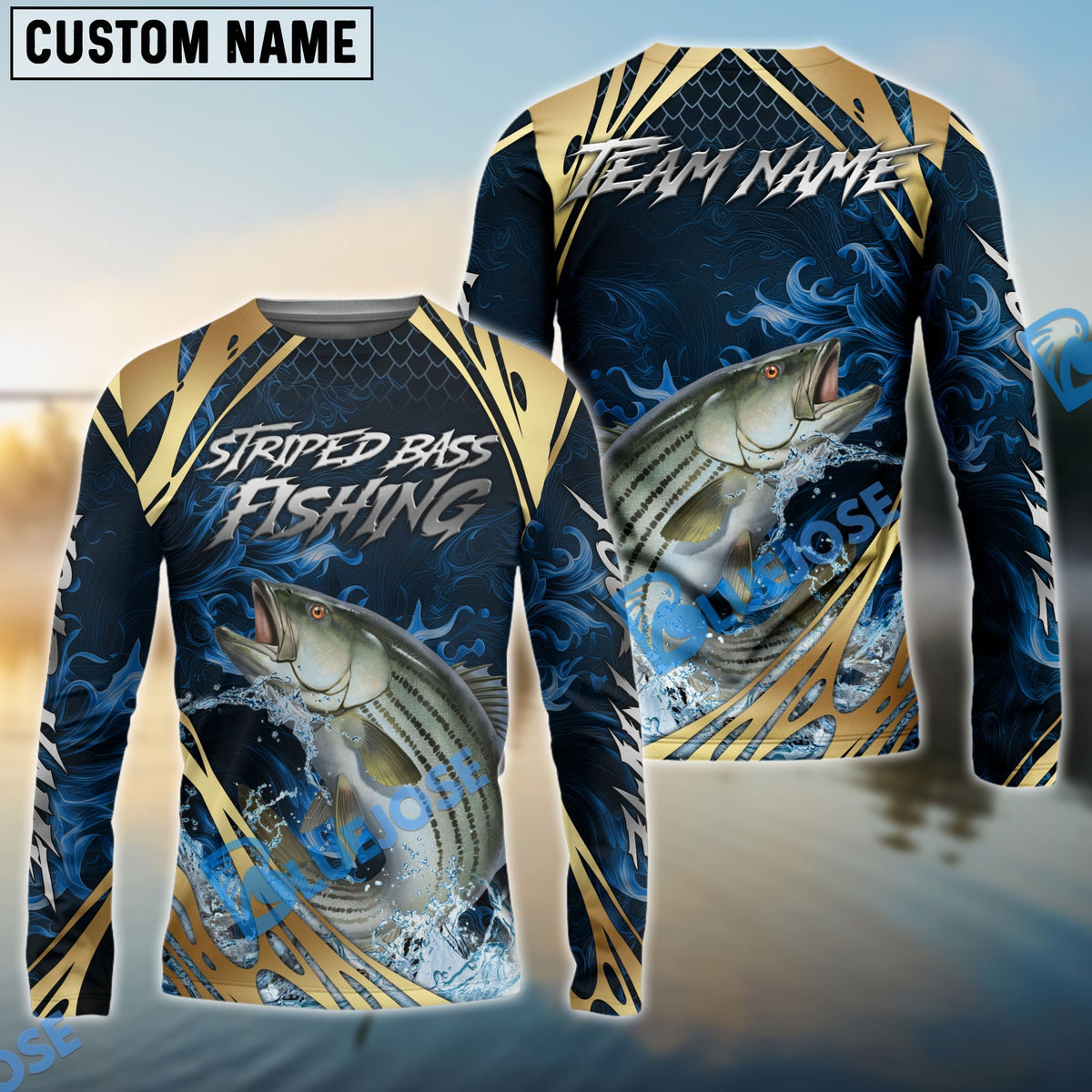 BlueJose Striped Bass Fishing Blue Wave Gold Pattern Design Custom Name & Team Name 3D Shirts