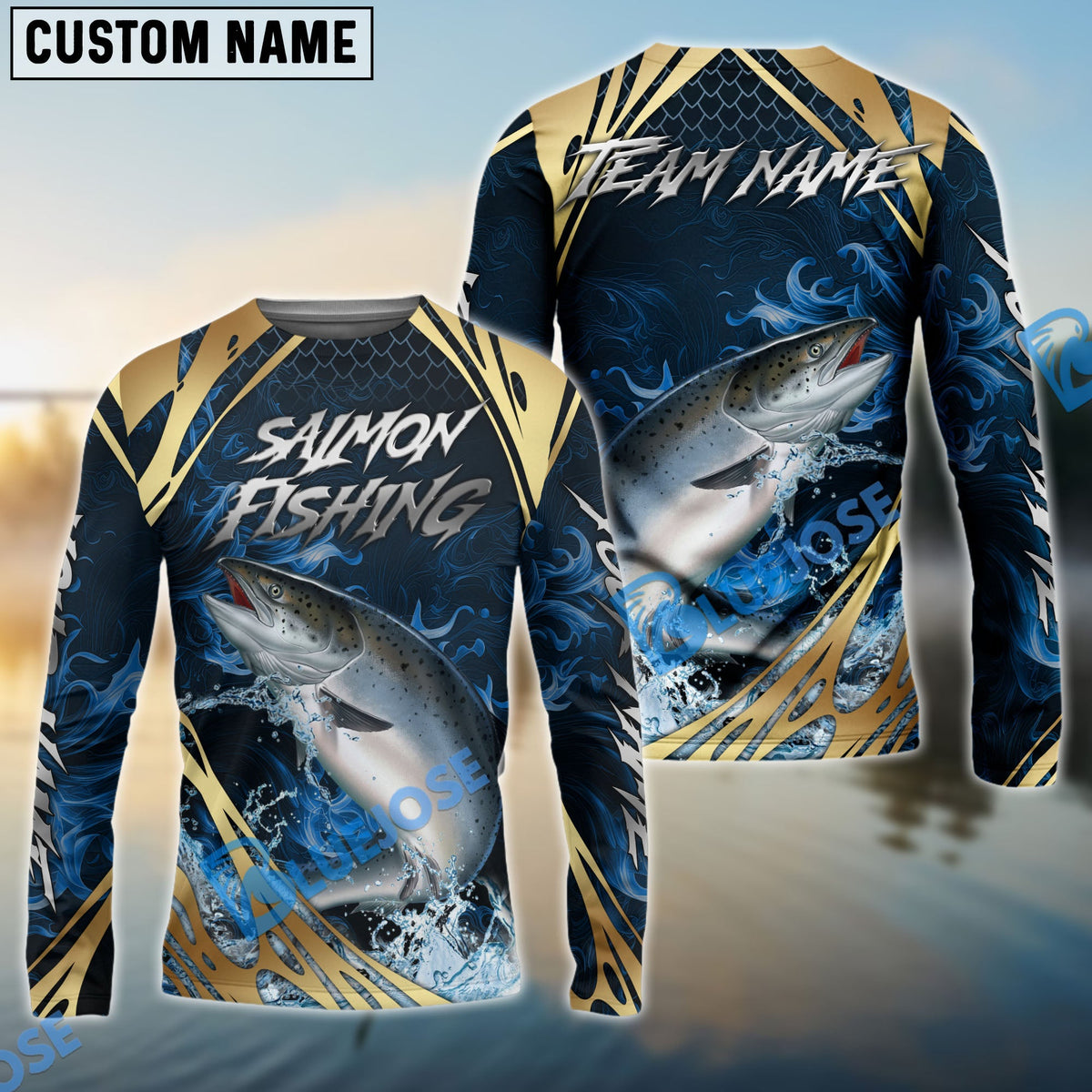 BlueJose Salmon Fishing Blue Wave Gold Pattern Design Custom Name & Team Name 3D Shirts