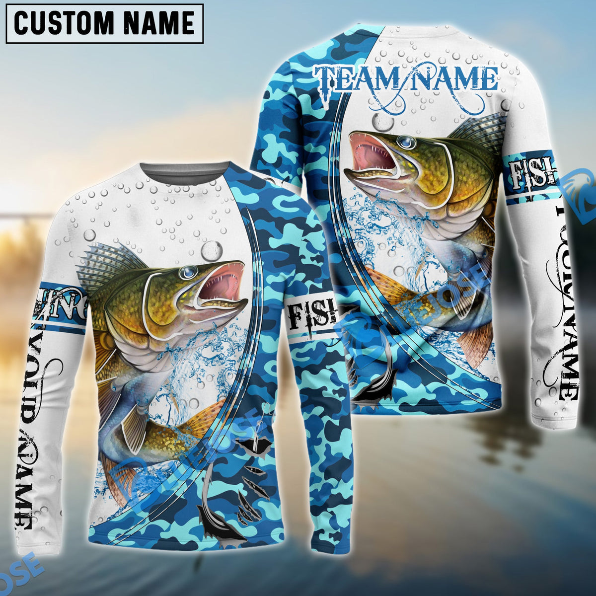BlueJose Walleye Fishing Blue Camouflage Water Splash Custom Name & Team Name 3D Shirts