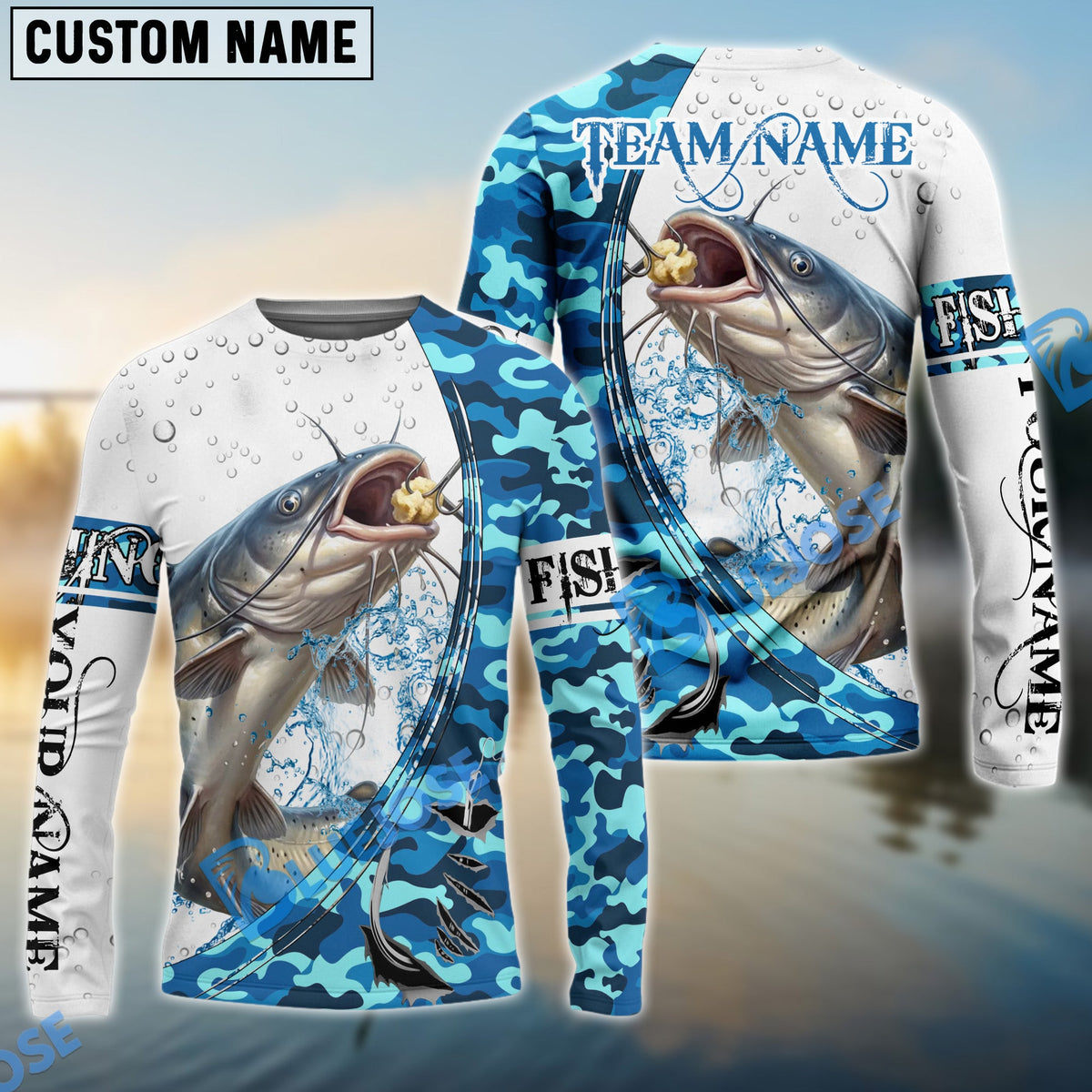 BlueJose Catfish Fishing Blue Camouflage Water Splash Custom Name & Team Name 3D Shirts