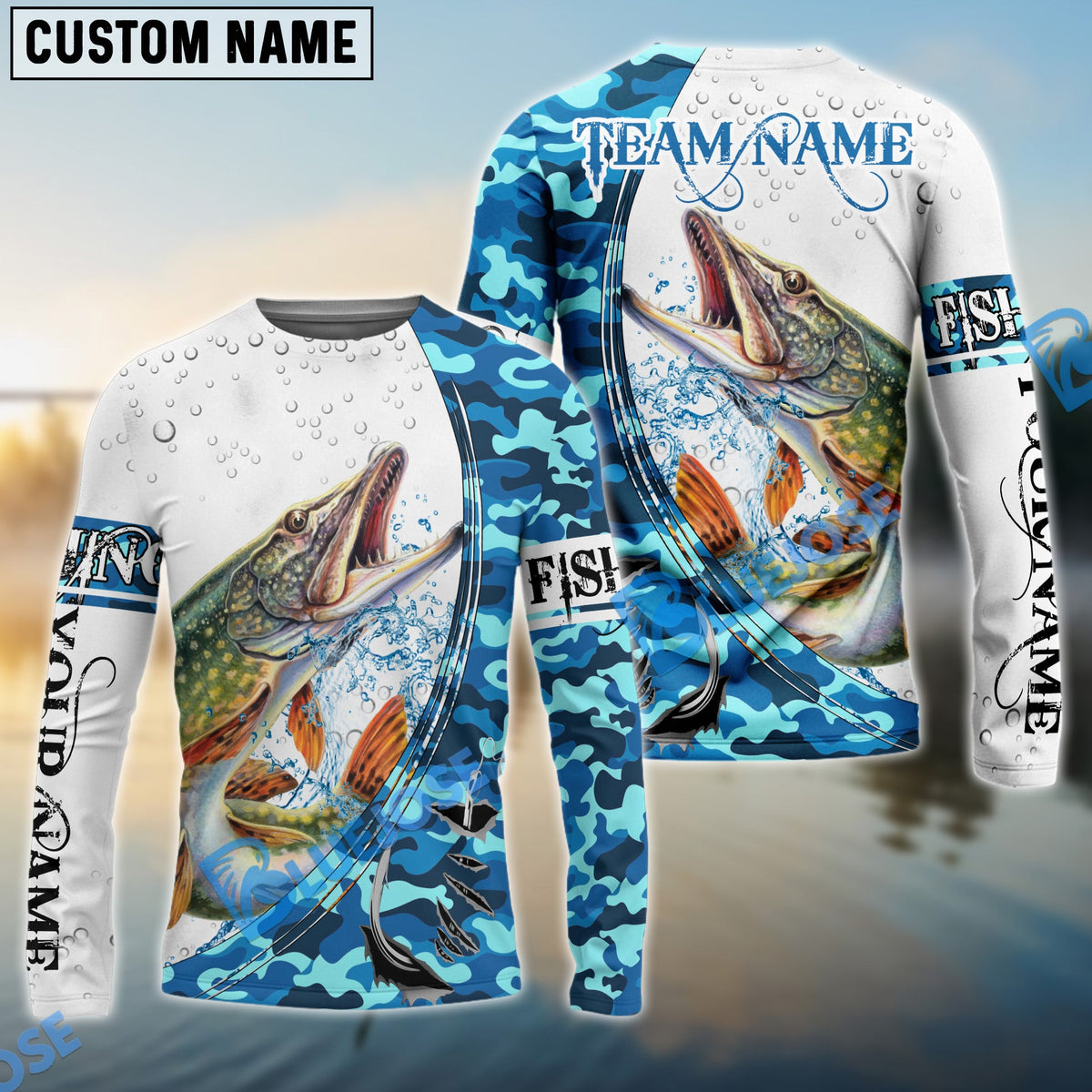 BlueJose Pike Fishing Blue Camouflage Water Splash Custom Name & Team Name 3D Shirts