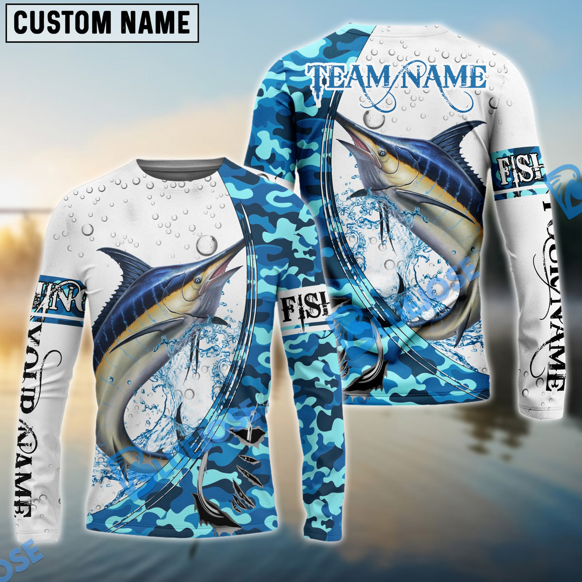 BlueJose Marlin Fishing Blue Camouflage Water Splash Custom Name & Team Name 3D Shirts