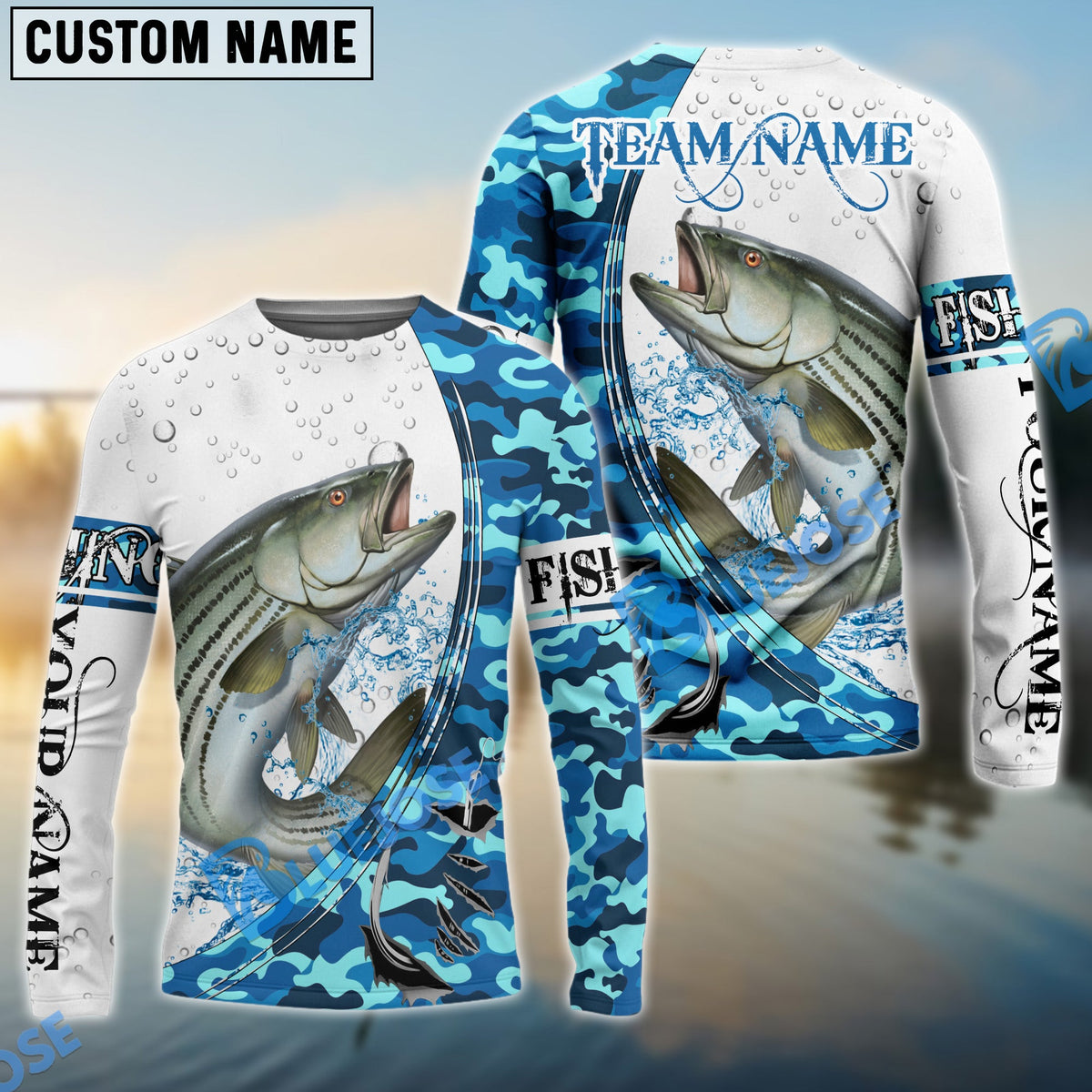 BlueJose Striped Bass Fishing Blue Camouflage Water Splash Custom Name & Team Name 3D Shirts