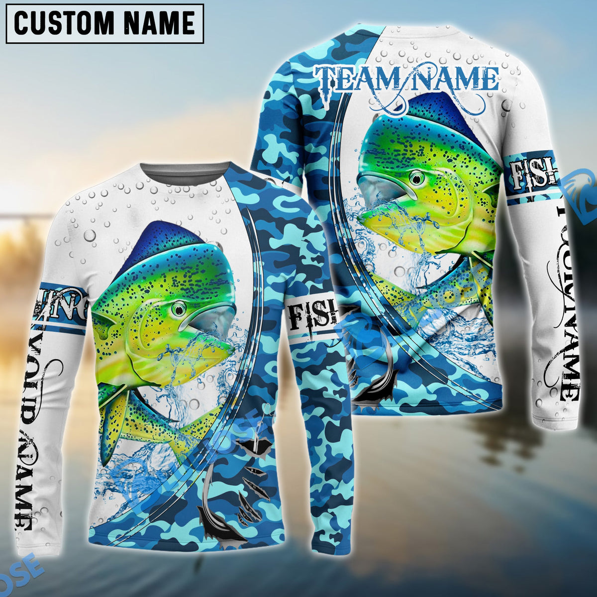 BlueJose Mahi-Mahi Fishing Blue Camouflage Water Splash Custom Name & Team Name 3D Shirts