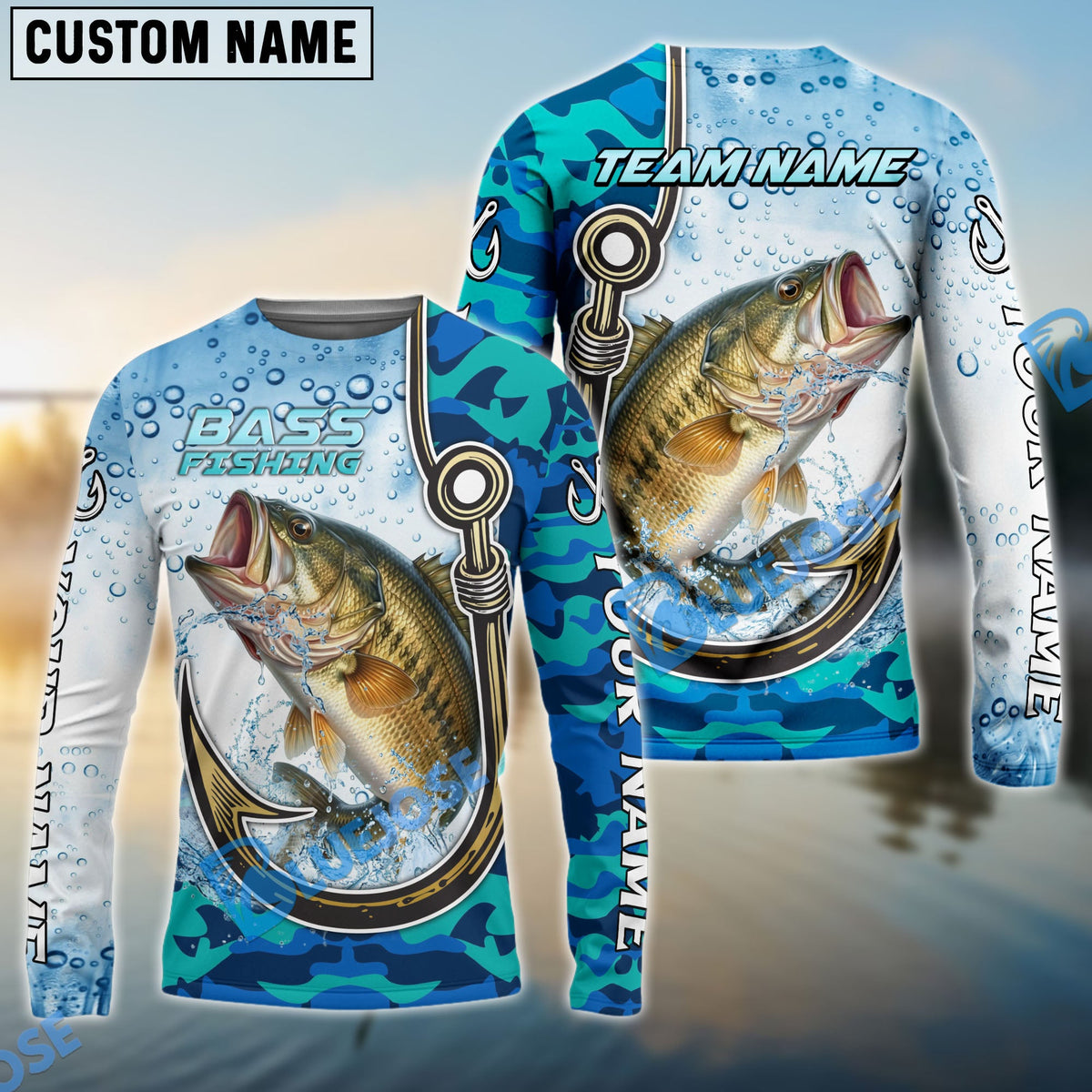 BlueJose Bass Fishing Hook Blue Camo Water Splash Custom Name & Team Name 3D Shirts