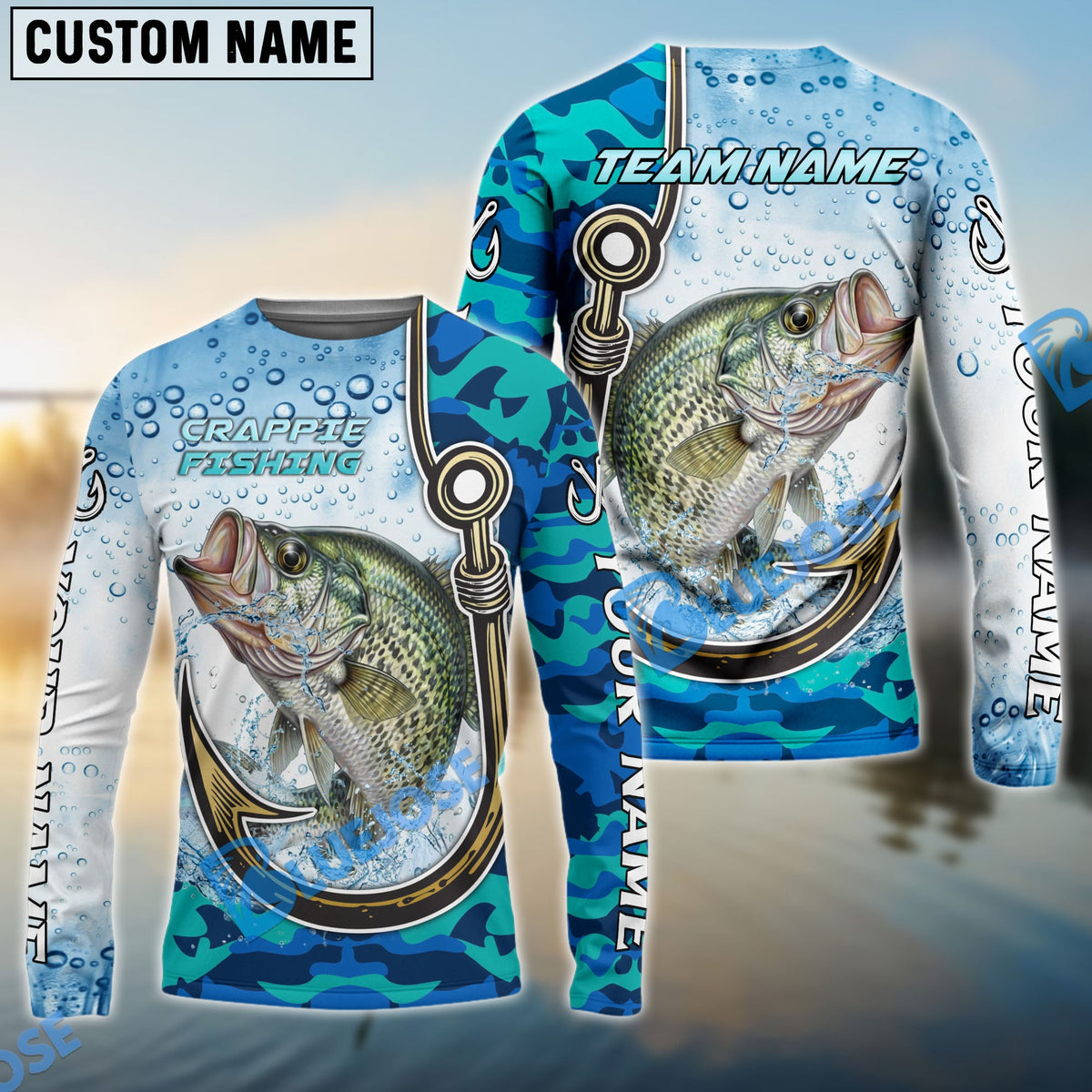 BlueJose Crappie Fishing Hook Blue Camo Water Splash Custom Name & Team Name 3D Shirts
