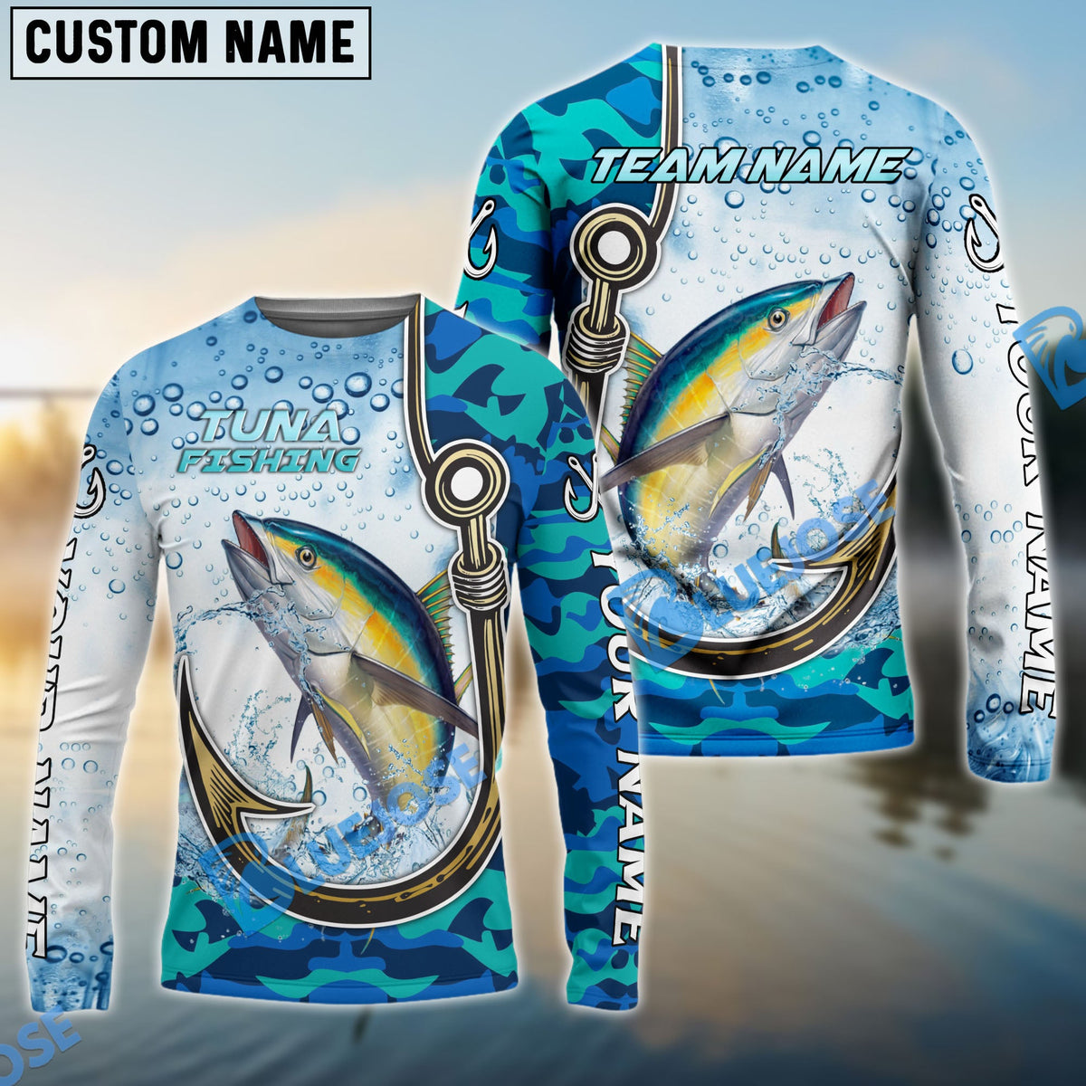 BlueJose Tuna Fishing Hook Blue Camo Water Splash Custom Name & Team Name 3D Shirts