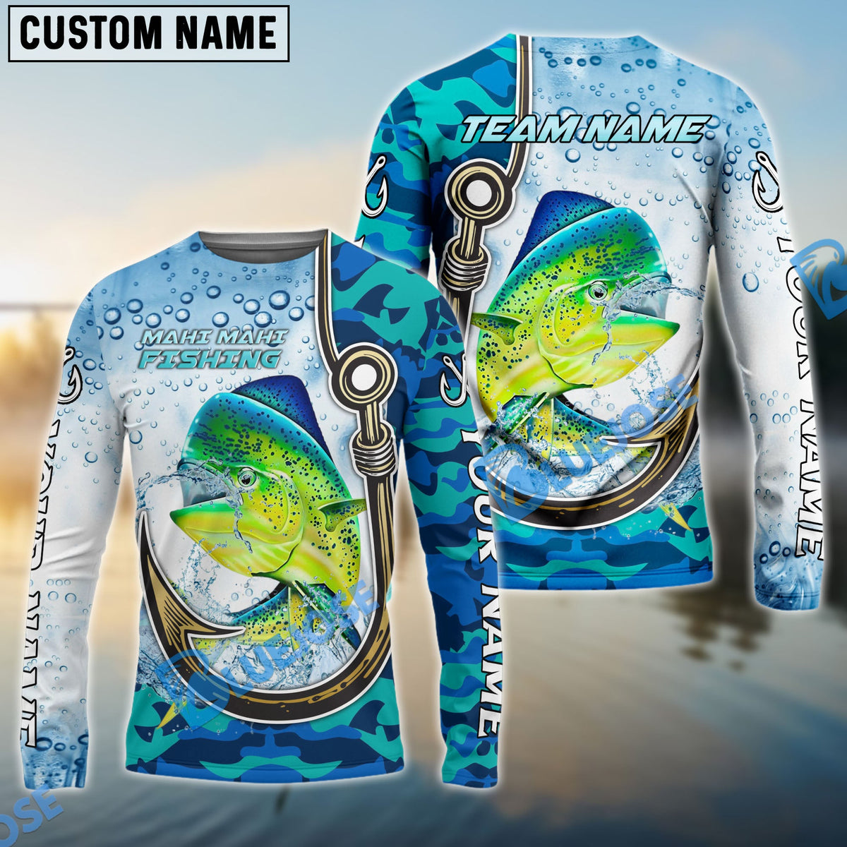 BlueJose Mahi-mahi Fishing Hook Blue Camo Water Splash Custom Name & Team Name 3D Shirts