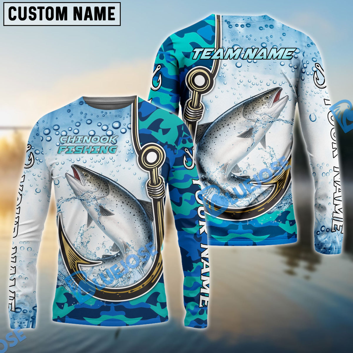 BlueJose Salmon Fishing Hook Blue Camo Water Splash Custom Name & Team Name 3D Shirts