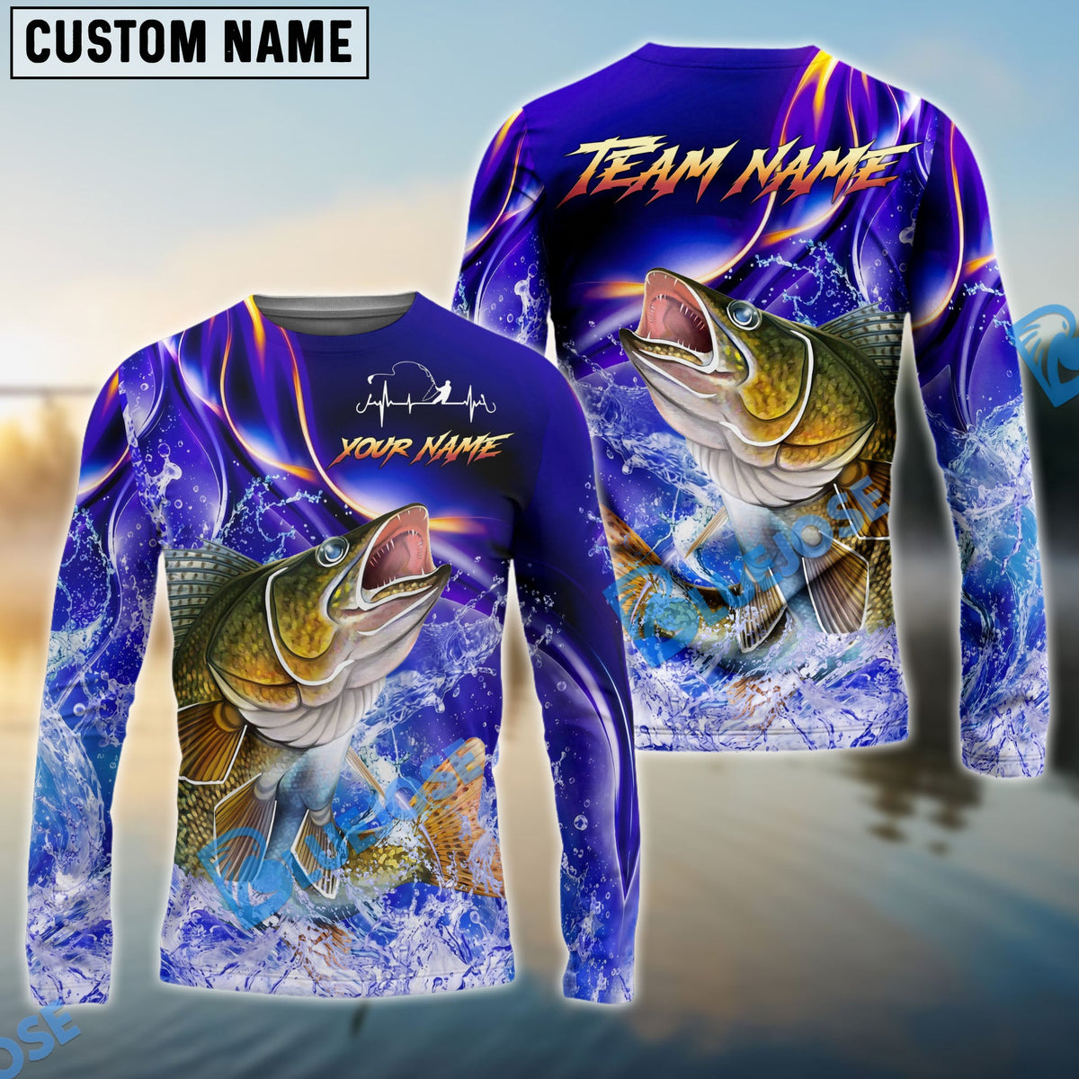 BlueJose Walleye Fishing Purple Wave Ocean Splash Design Custom Name & Team Name 3D Shirts