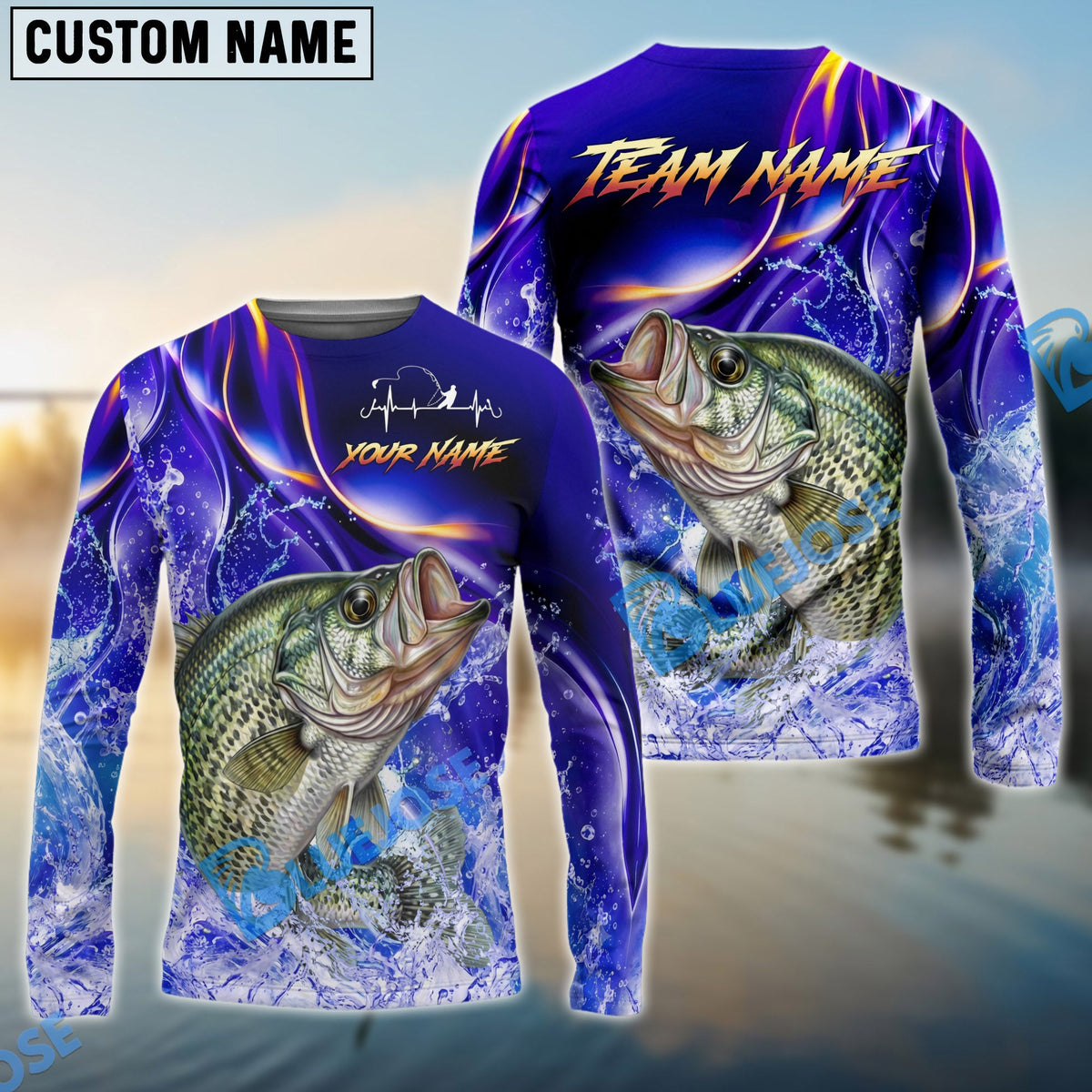 BlueJose Crappie Fishing Purple Wave Ocean Splash Design Custom Name & Team Name 3D Shirts