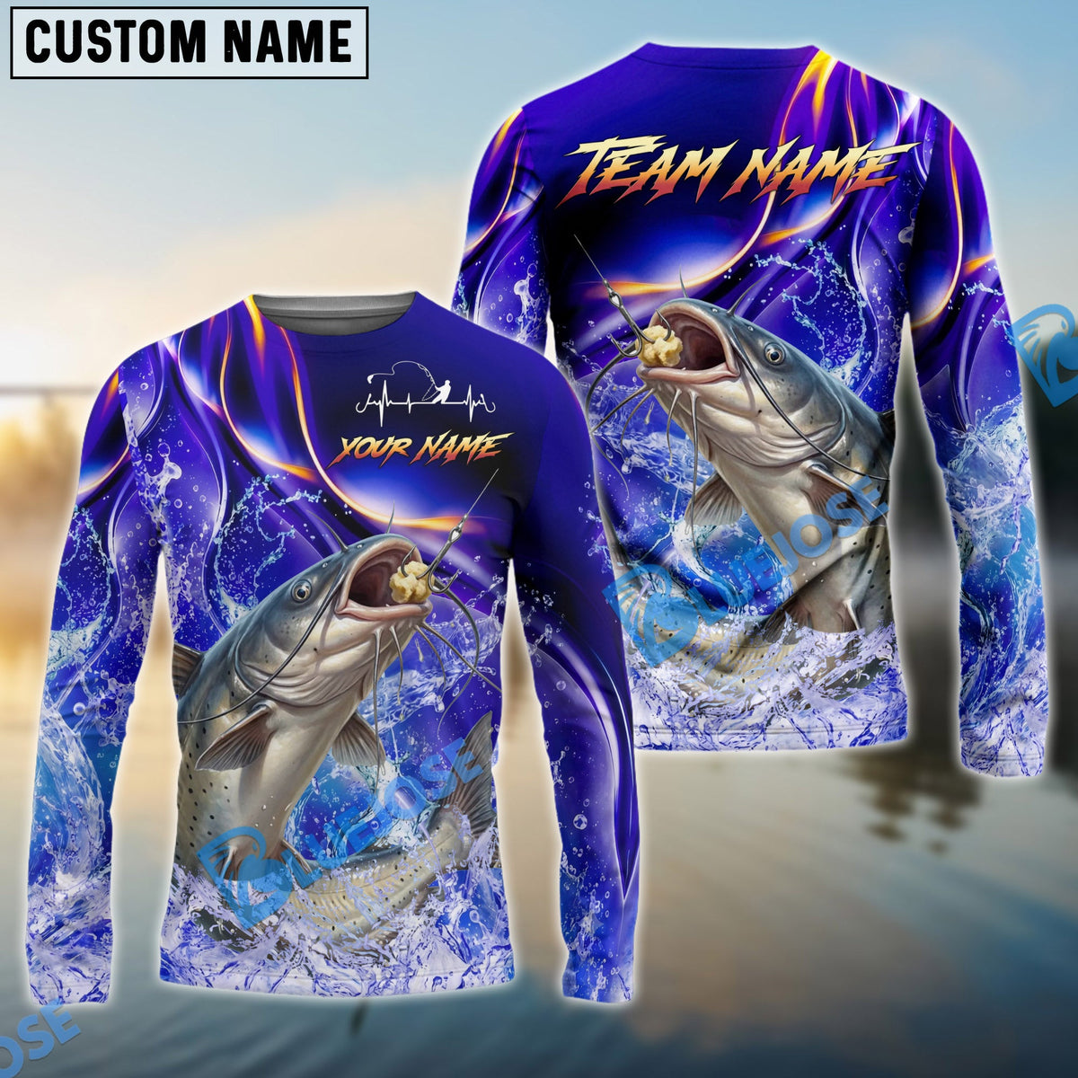 BlueJose Catfish Fishing Purple Wave Ocean Splash Design Custom Name & Team Name 3D Shirts