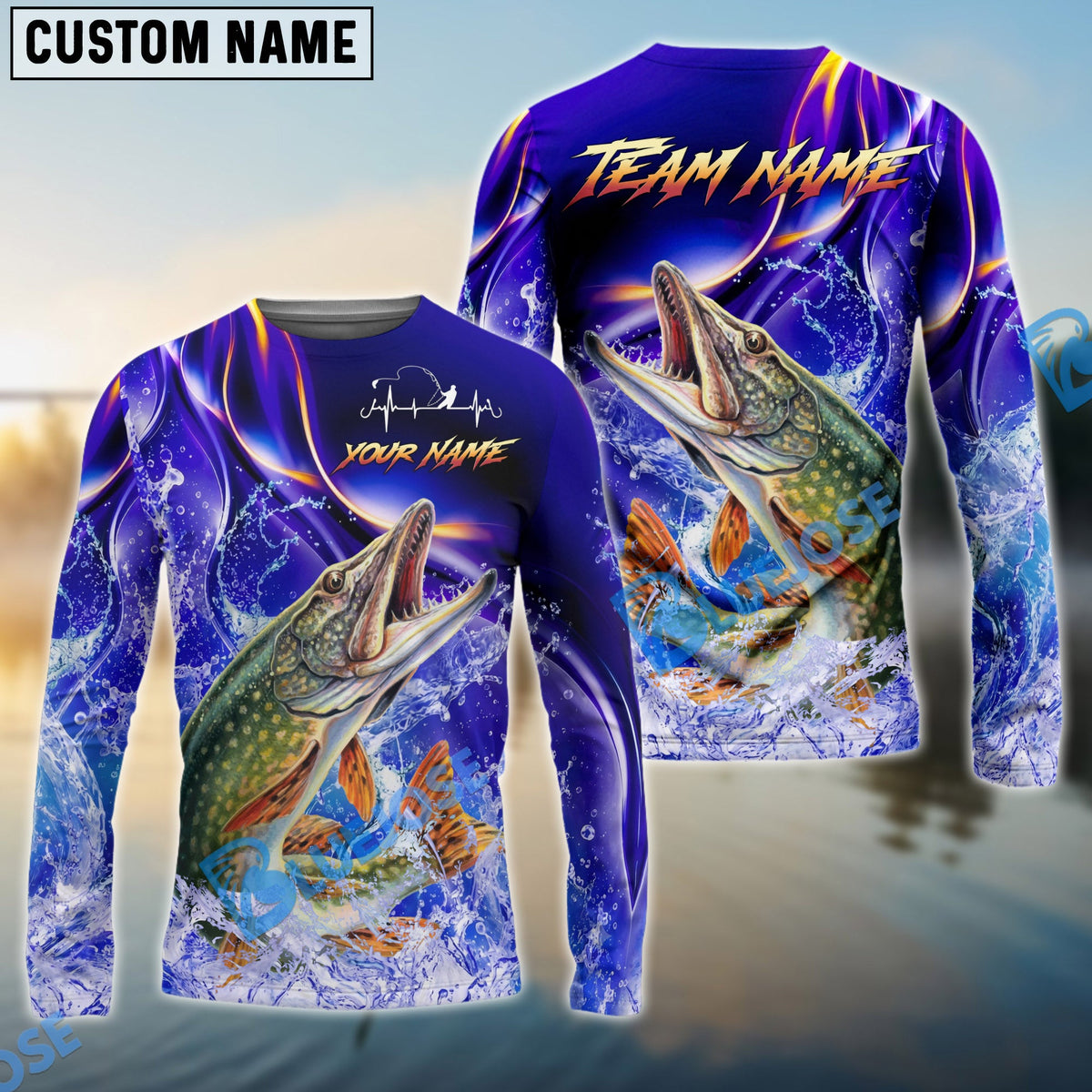 BlueJose Pike Fishing Purple Wave Ocean Splash Design Custom Name & Team Name 3D Shirts