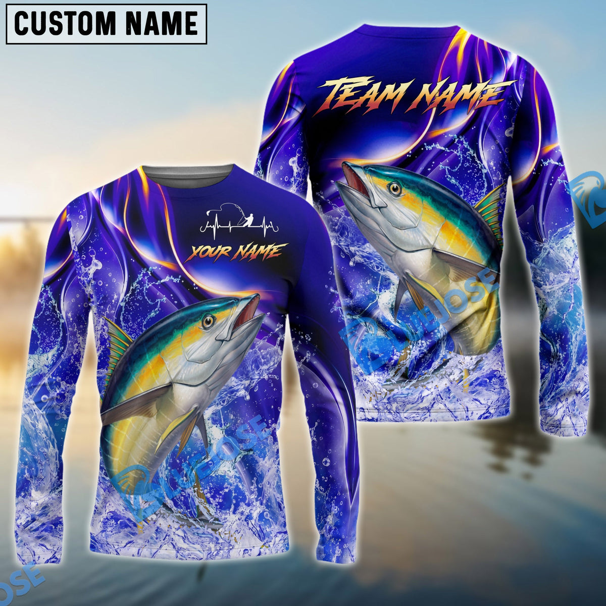 BlueJose Tuna Fishing Purple Wave Ocean Splash Design Custom Name & Team Name 3D Shirts