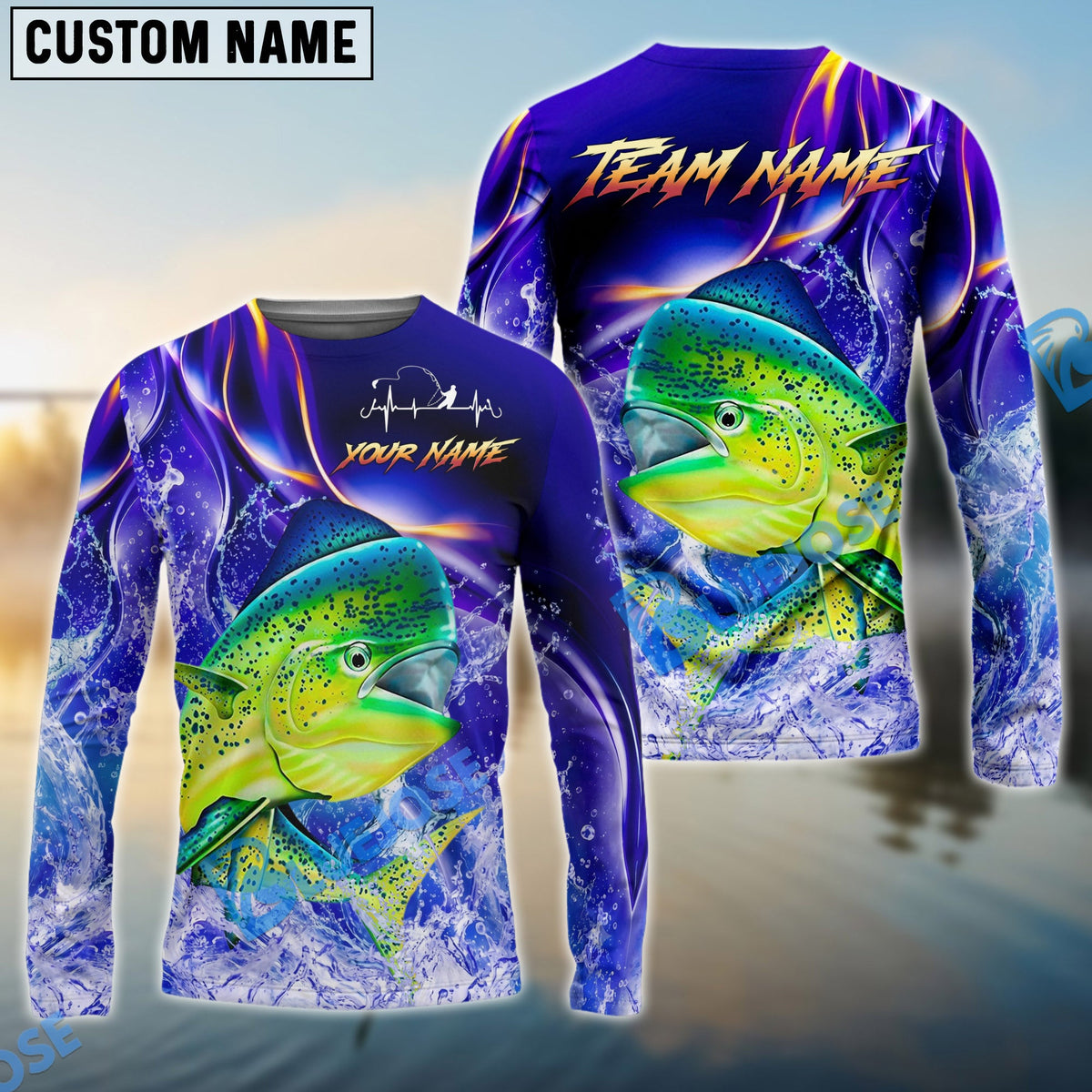 BlueJose Mahi-Mahi Fishing Purple Wave Ocean Splash Design Custom Name & Team Name 3D Shirts