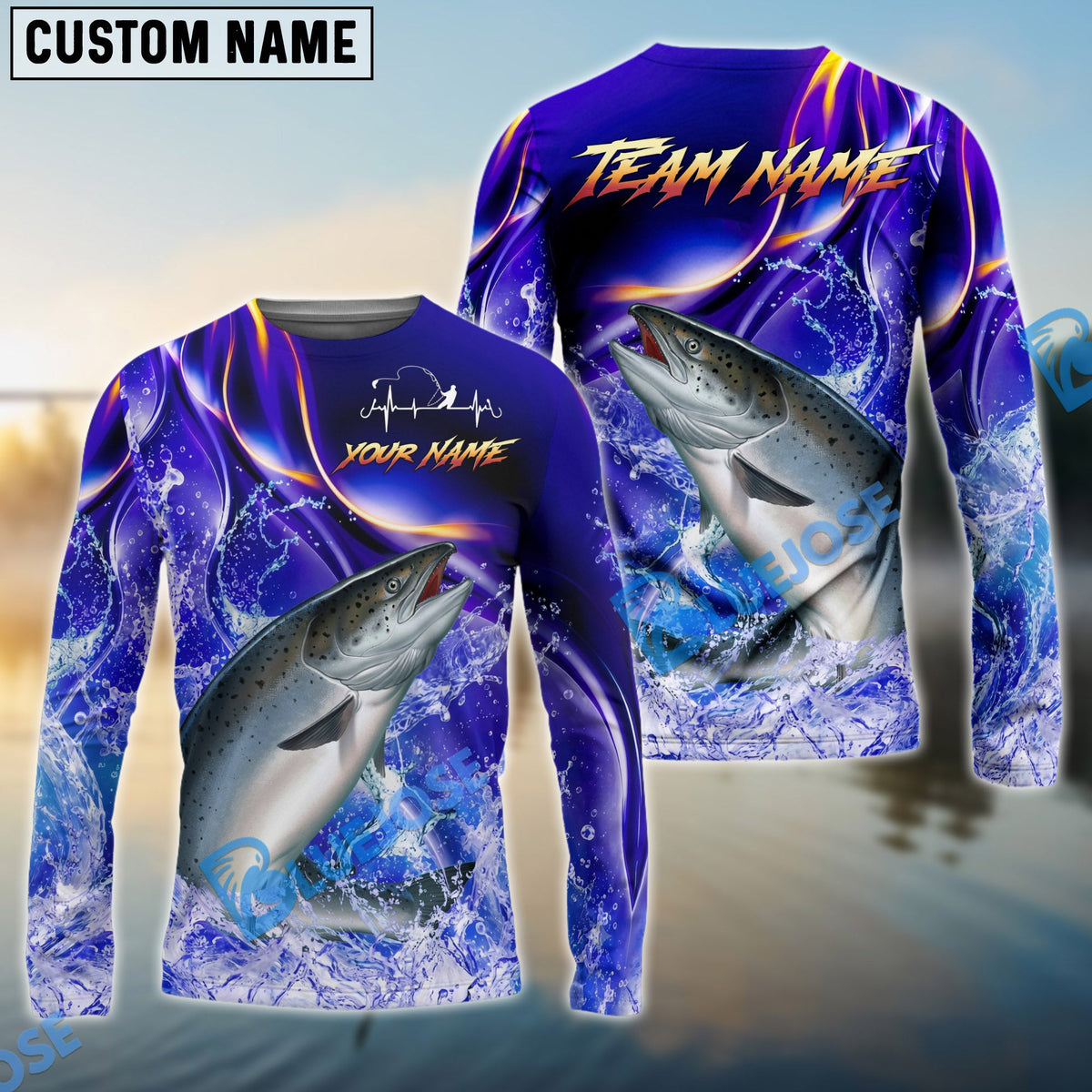 BlueJose Salmon Fishing Purple Wave Ocean Splash Design Custom Name & Team Name 3D Shirts