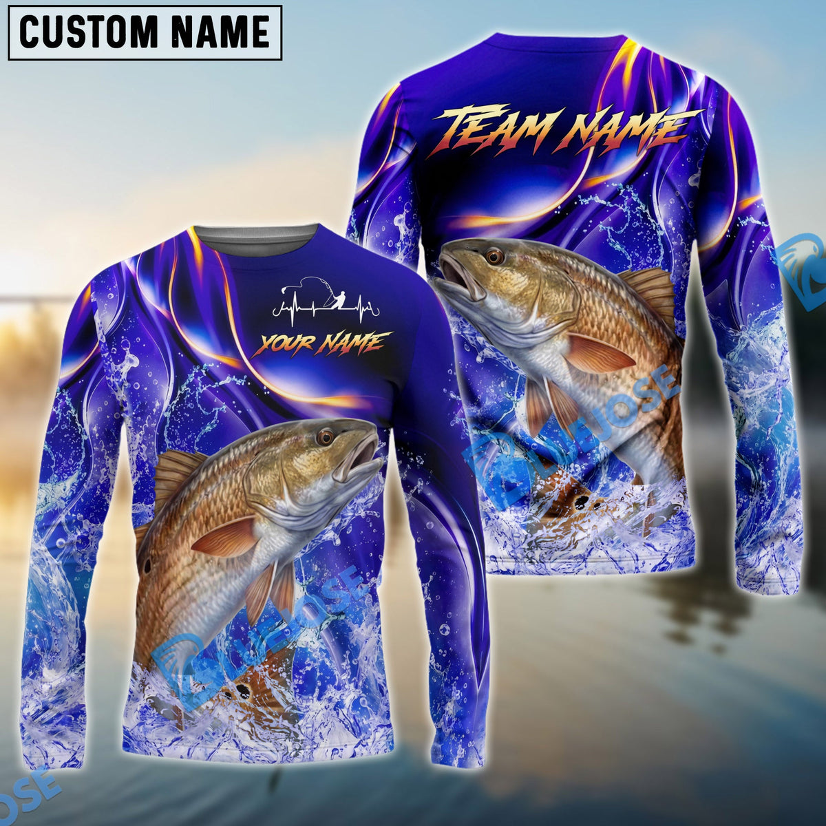 BlueJose Red Fish Fishing Purple Wave Ocean Splash Design Custom Name & Team Name 3D Shirts