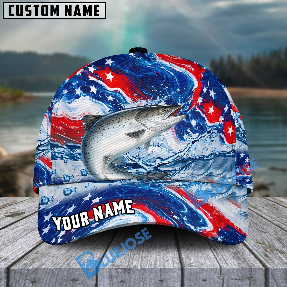 BlueJose Fishing Patriotic Red White Blue Wave Personalized Cap (13 Breeds)